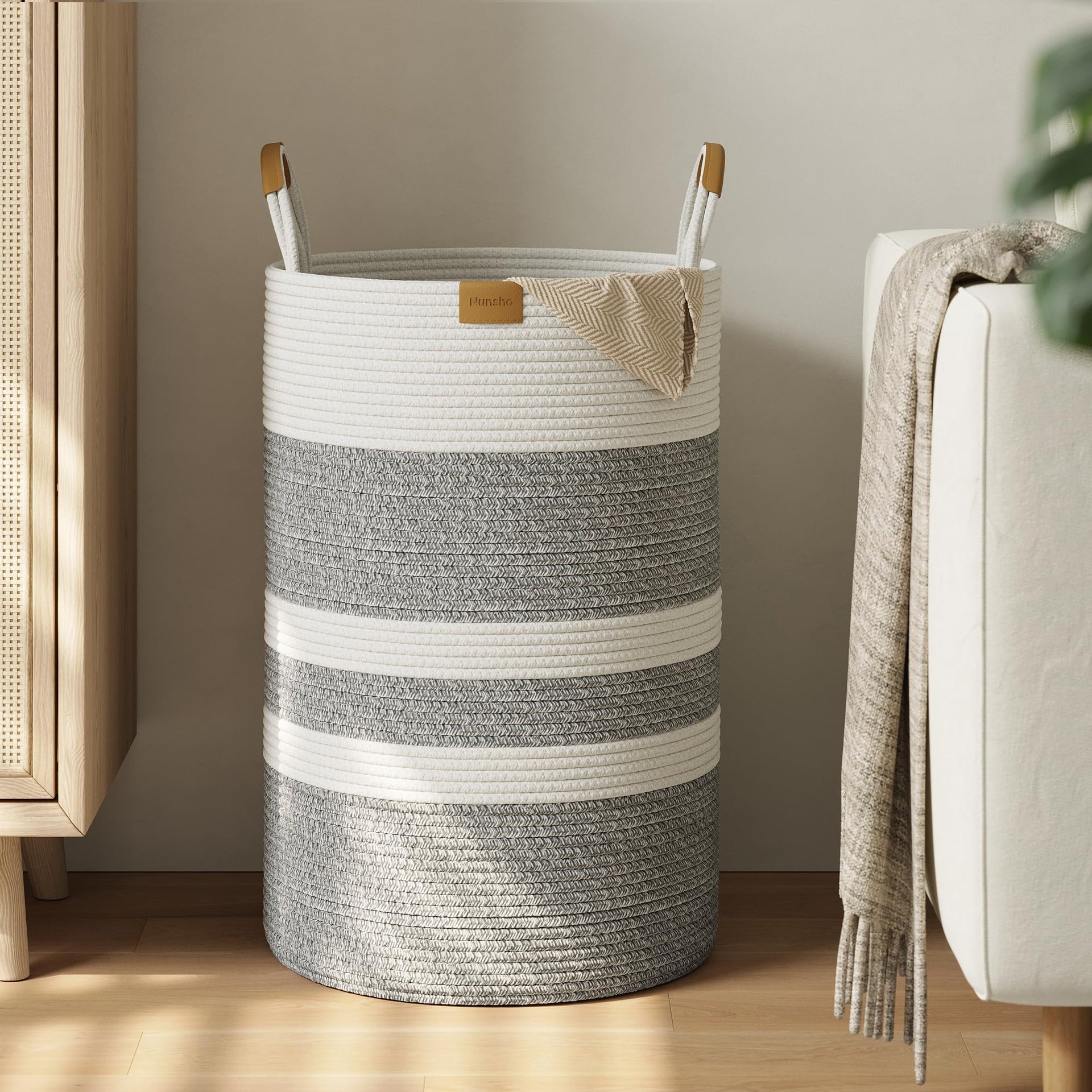 75L Striped Laundry Hamper with Leather Handles