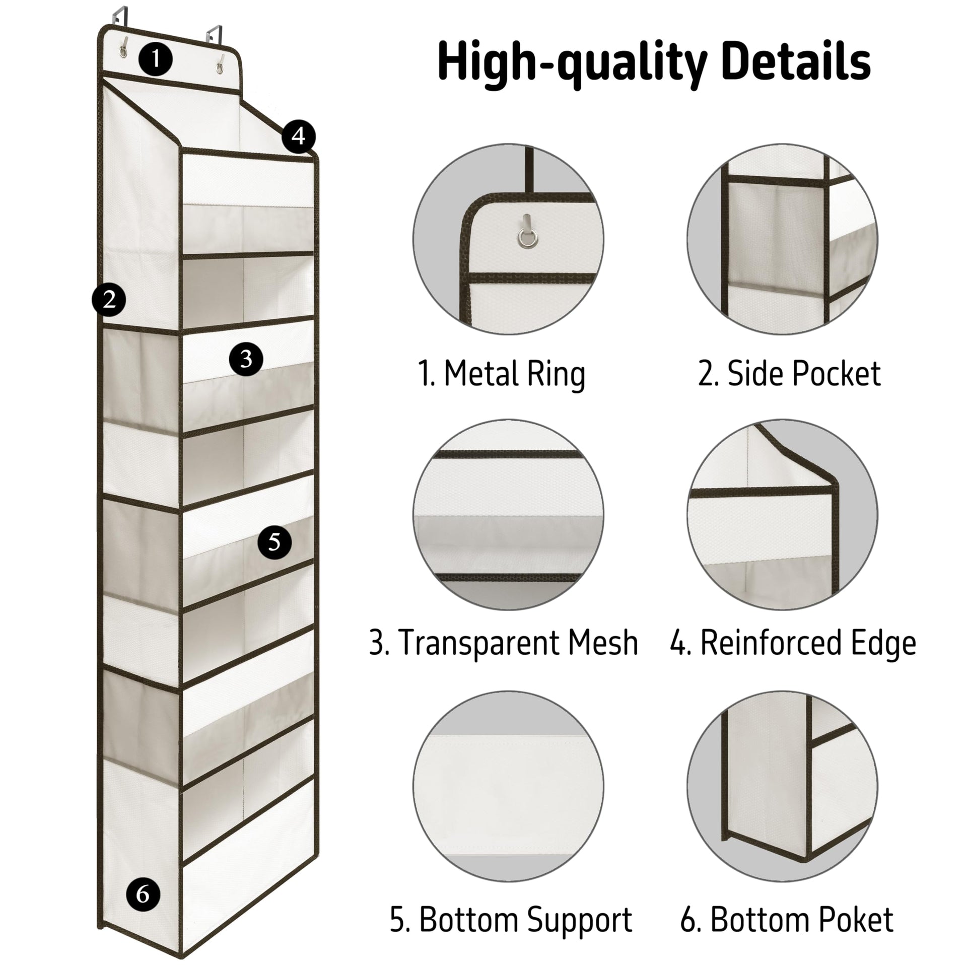 White Over Door Organizer with 5 Large Clear Pockets and 6 Side Mesh Pockets
