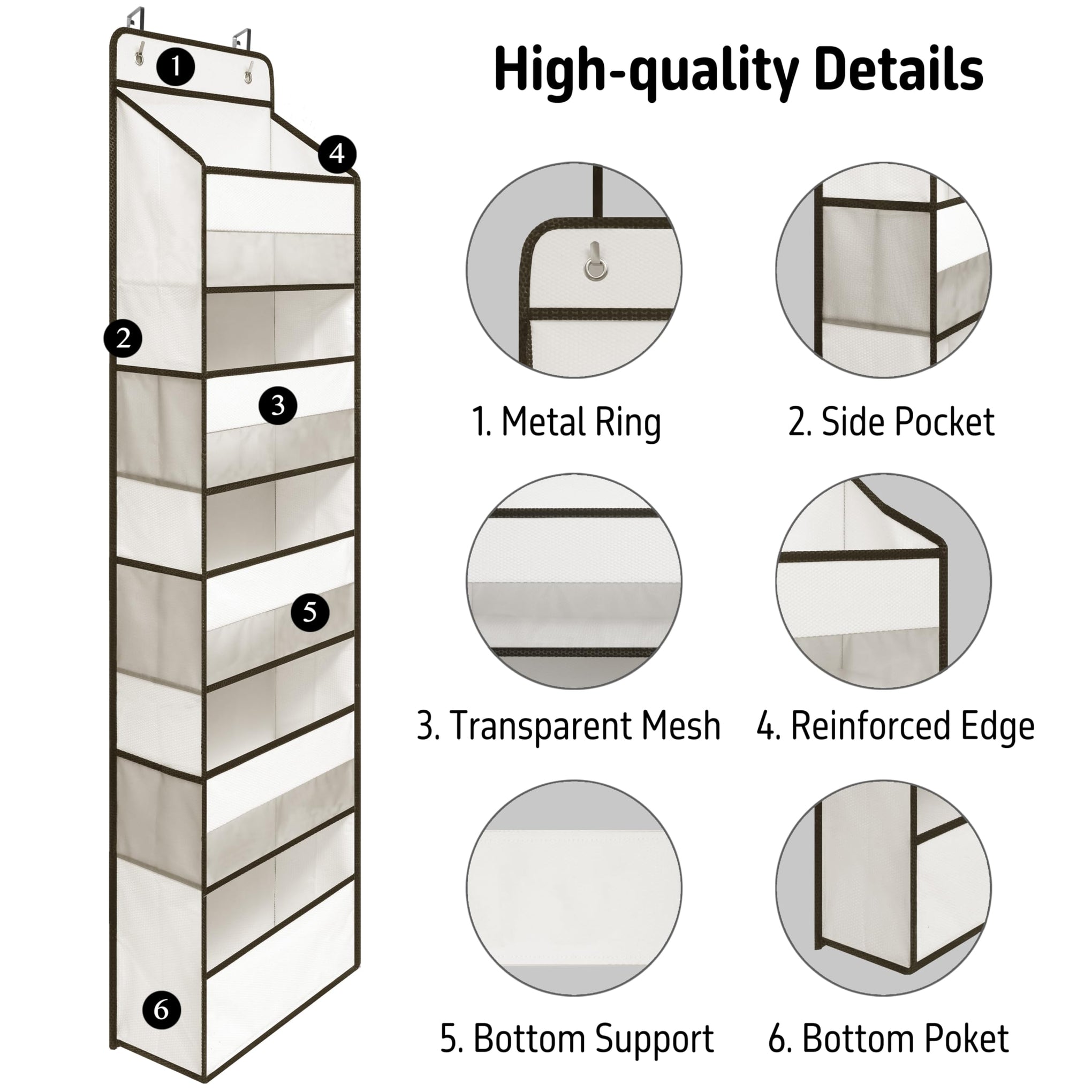 White Over Door Organizer with 5 Large Clear Pockets and 6 Side Mesh Pockets