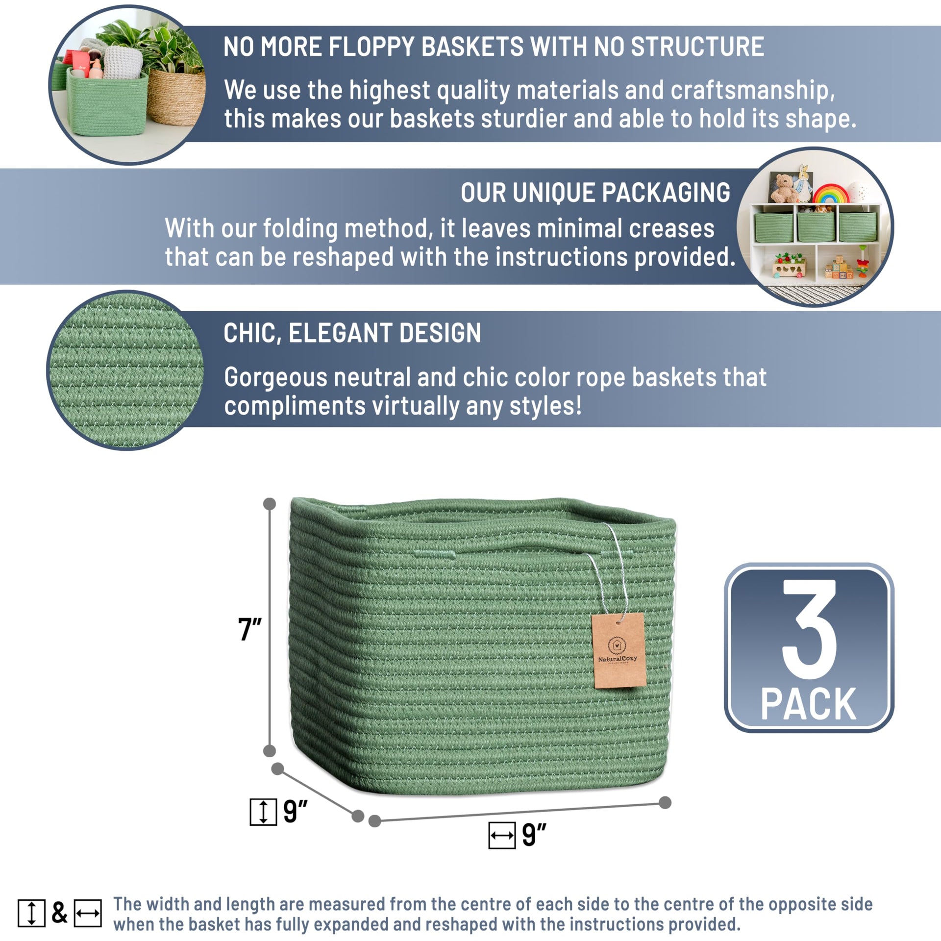 Storage Cubes 9”x9”x7”Cotton Rope Woven Baskets for Organizing 3 (3 Count)