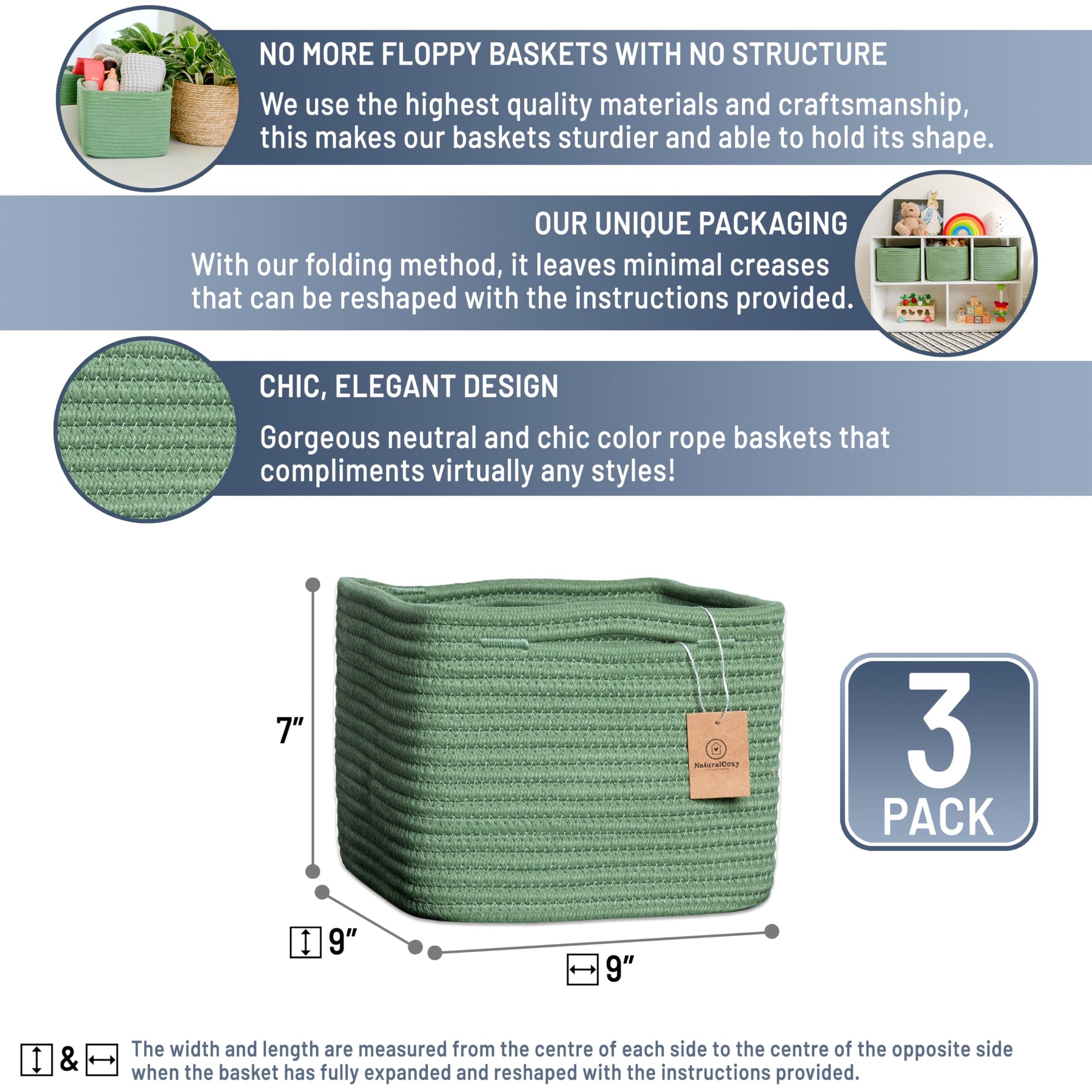 Storage Cubes 9”x9”x7”Cotton Rope Woven Baskets for Organizing 3 (3 Count)