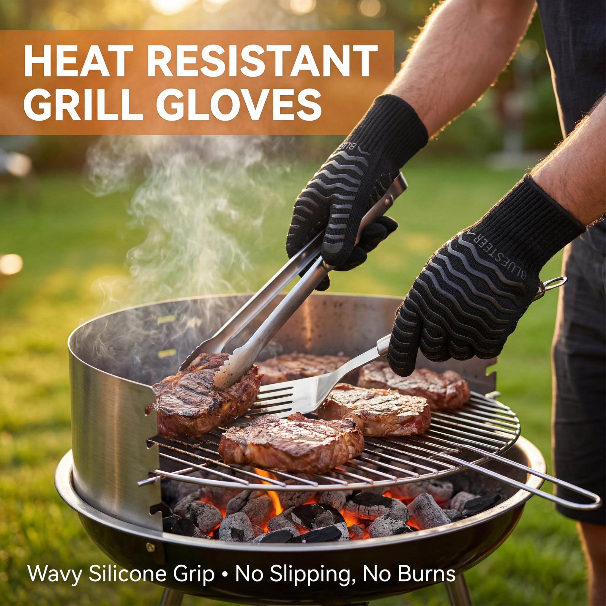 BBQ Gloves 1472°F Heat Resistant Oven Gloves with Fingers Heat Proof Grill Gloves Non (9.6 Ounce)