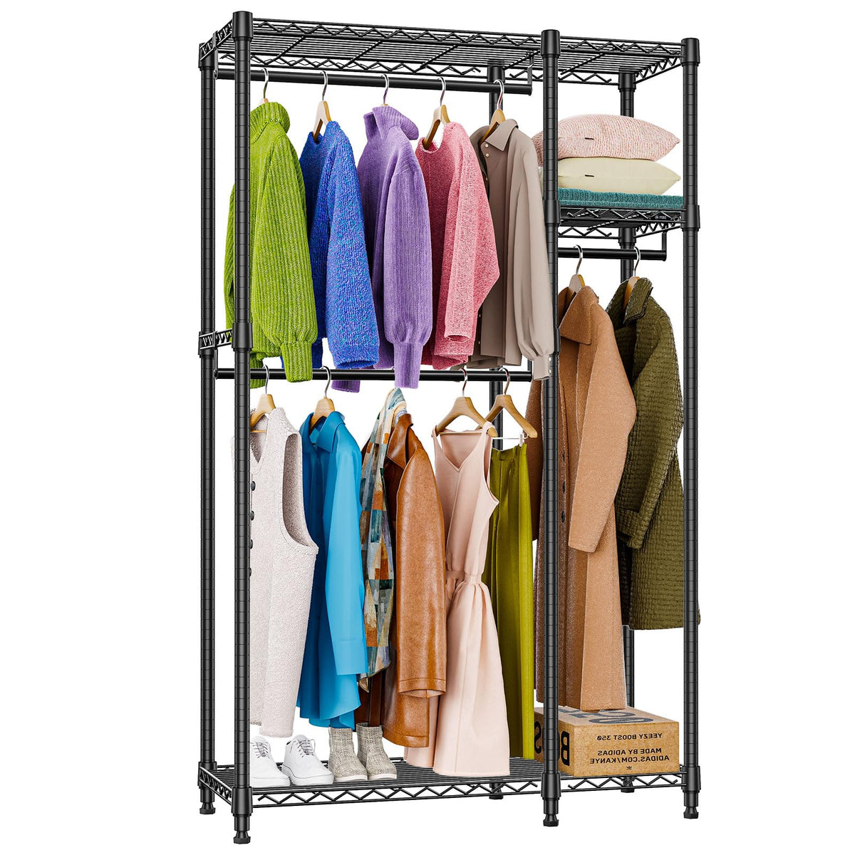 Heavy Duty Rolling Garment Rack 3 Tiers Adjustable Wire Shelving Clothes Rack with 3 Rods and Side Hooks