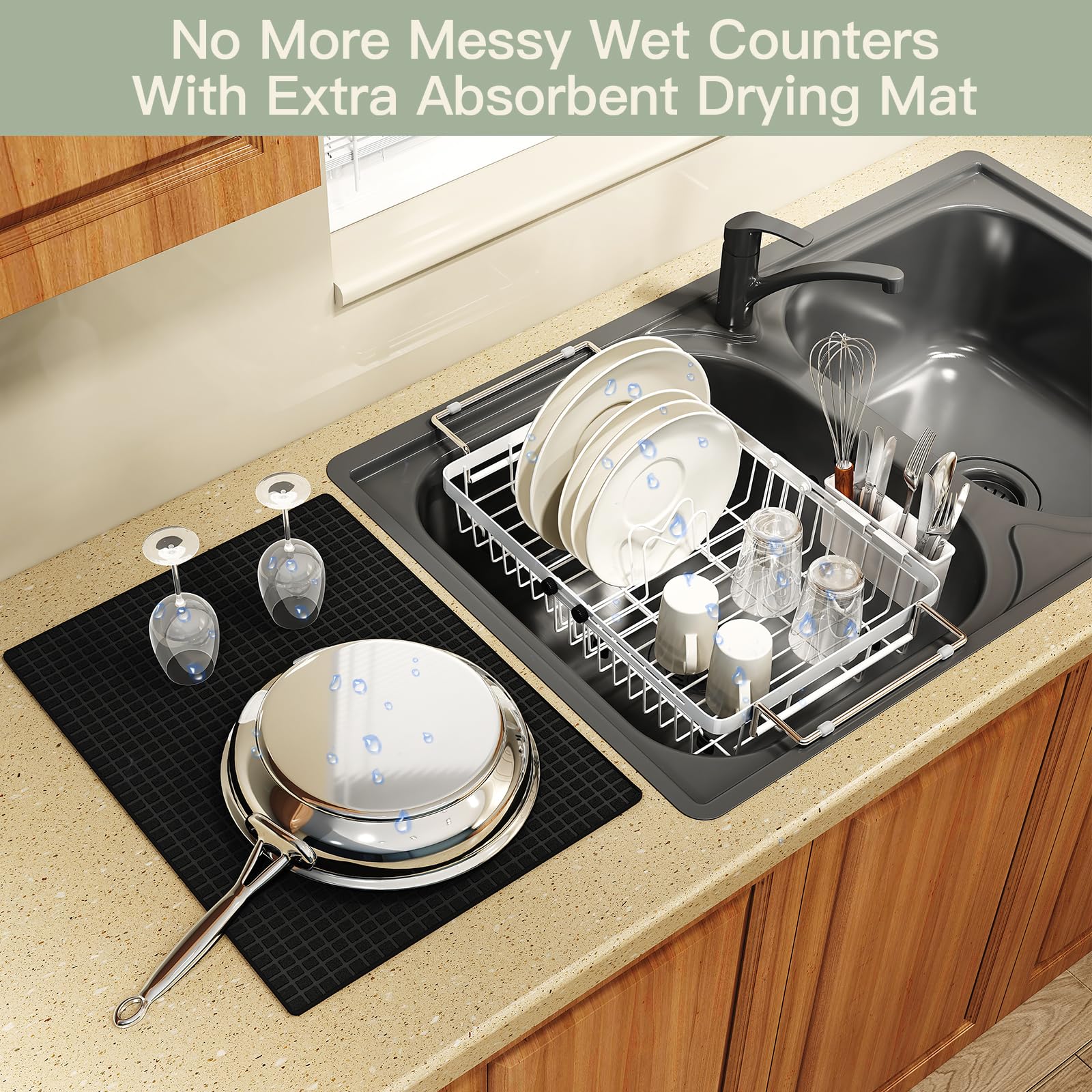 White Dish Drying Rack Over The Sink with Utensil Holder