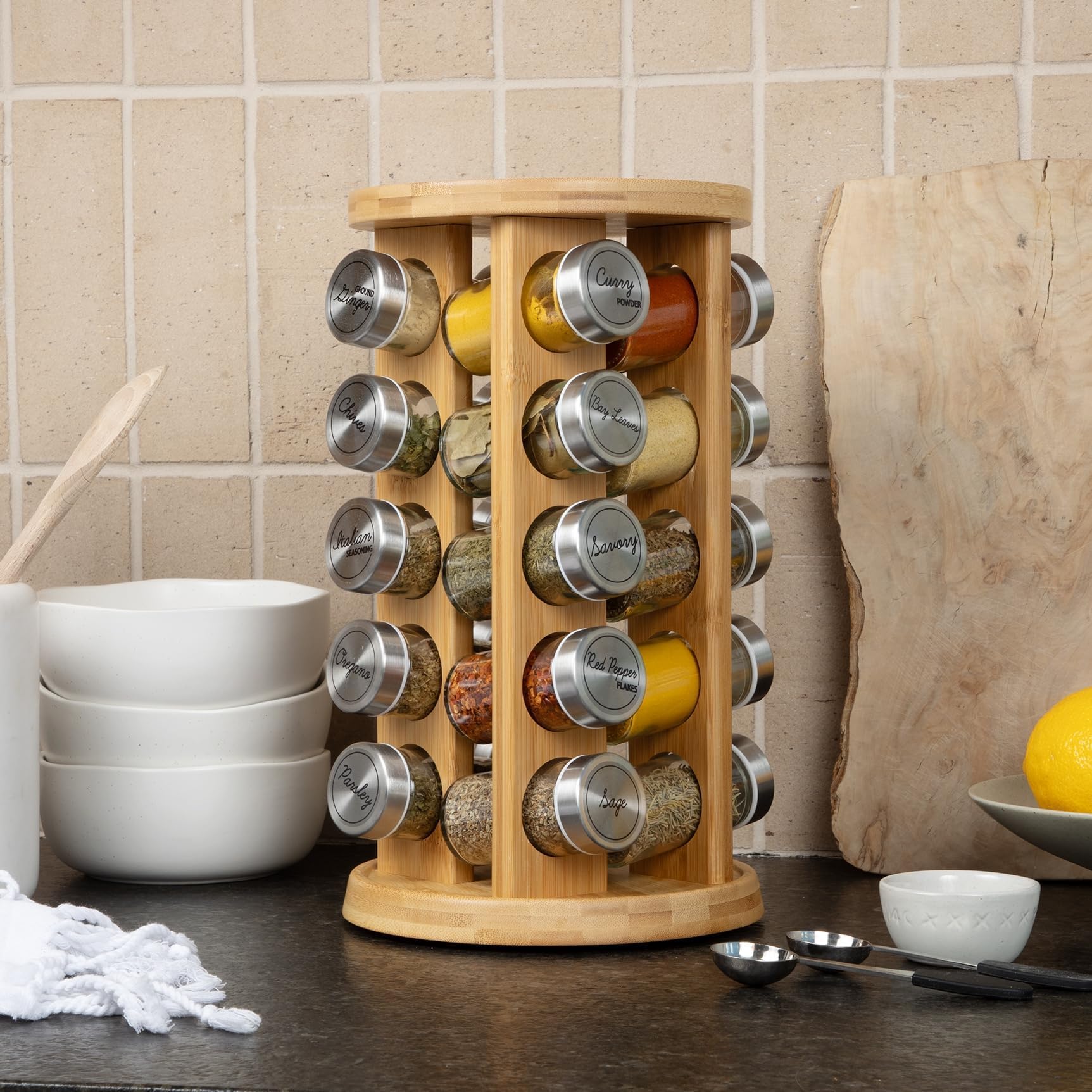20 Jar Rotating Bamboo Spice Rack with Spices Included & 5