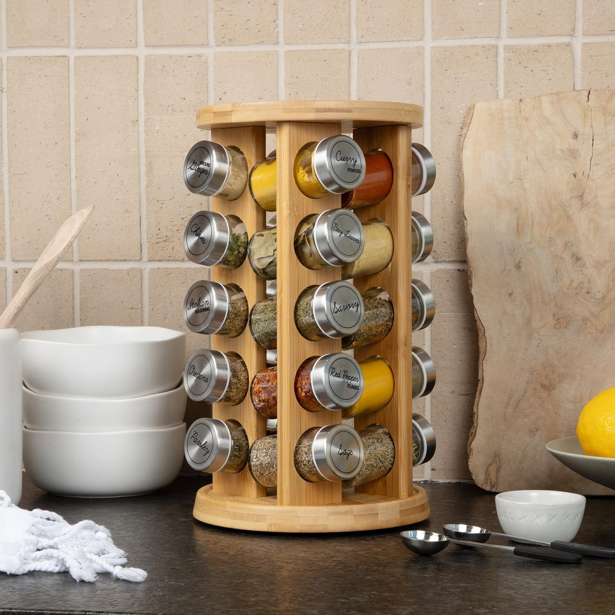 20 Jar Rotating Bamboo Spice Rack with Spices Included & 5