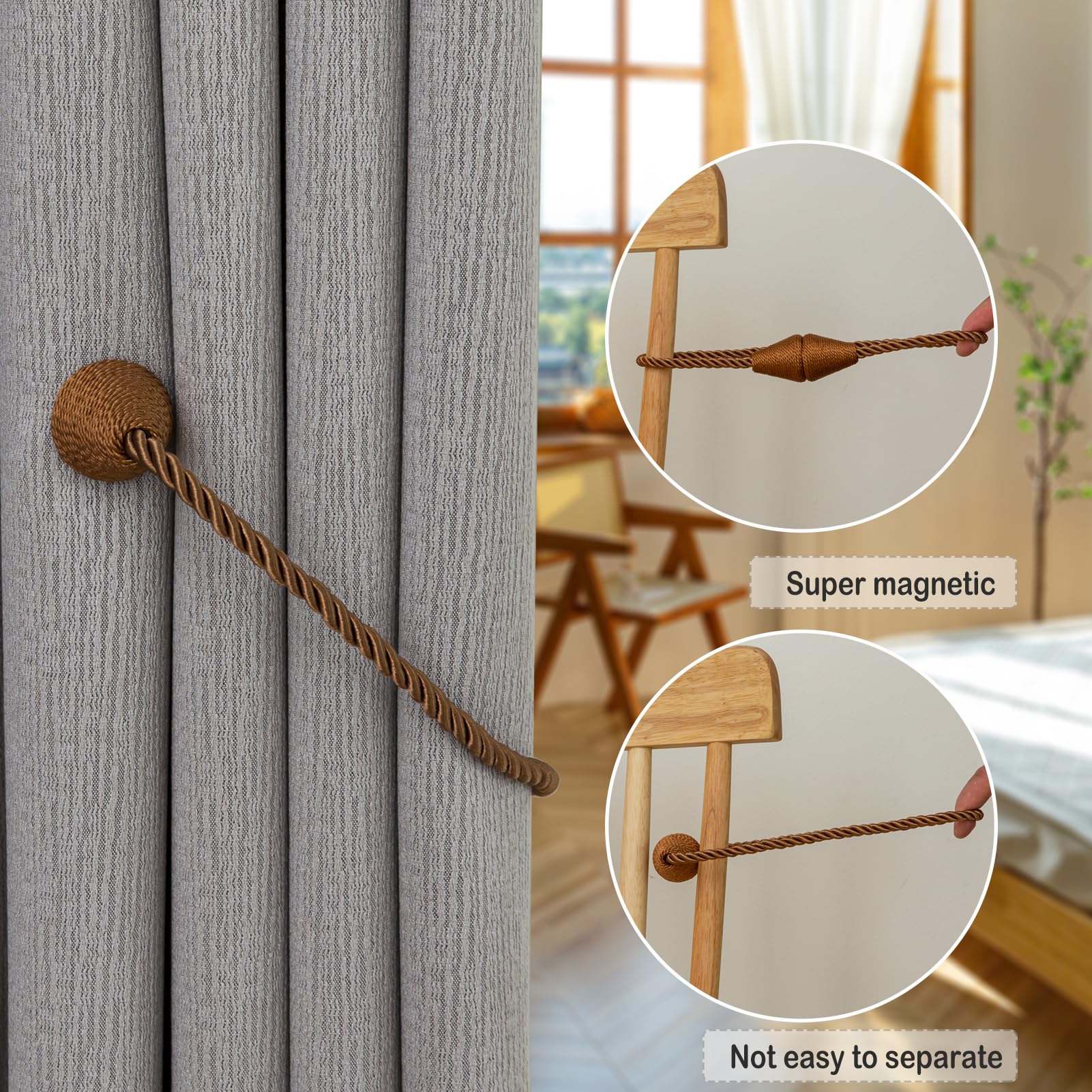 Magnetic Curtain Tiebacks 8 Pack Outdoor Rope Curtain Tie Backs Decorative Window Treatment Holdbacks for Home Decorative Curtain (8 Count)