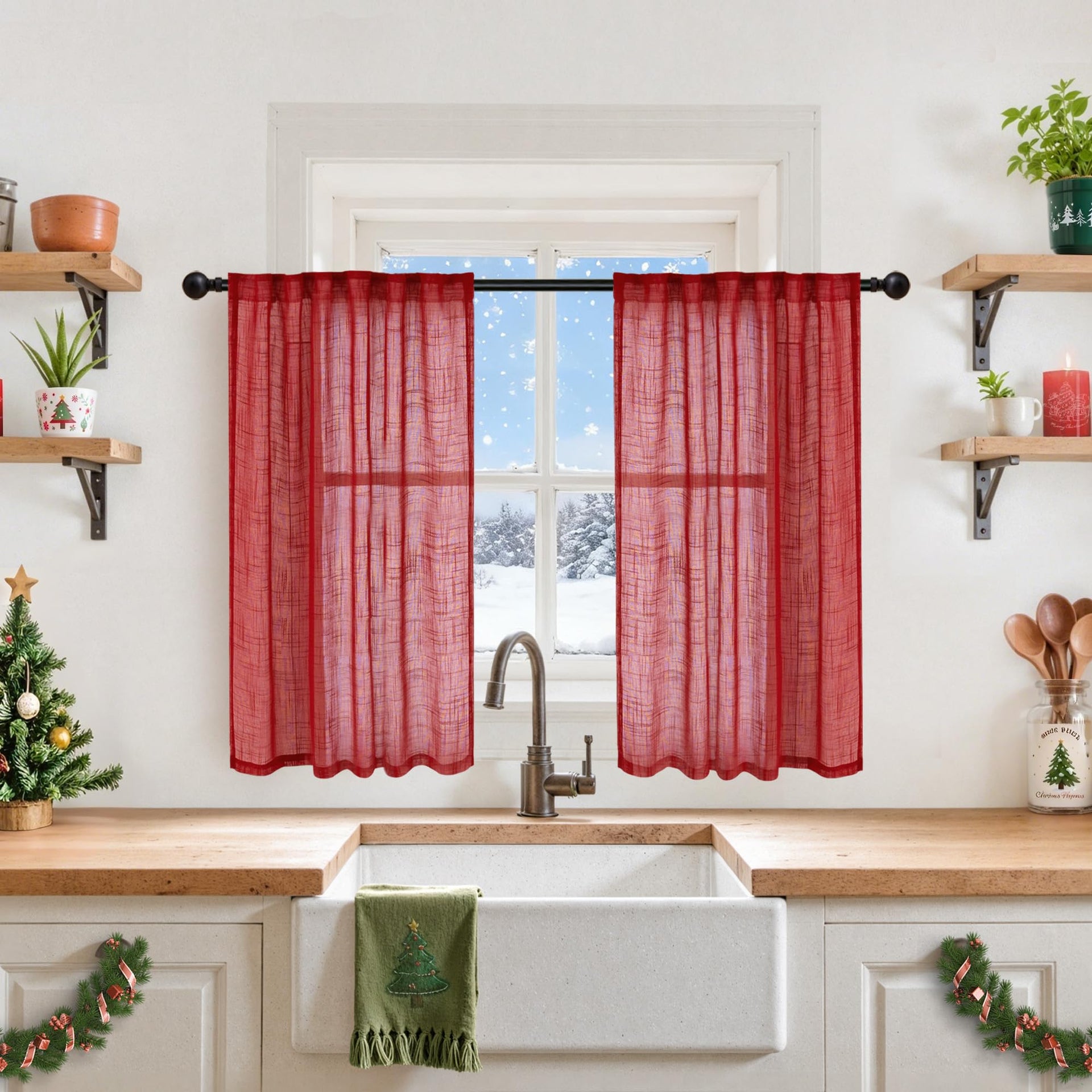 Red Linen Kitchen Window Curtains 36 Inch Length (2 Count)