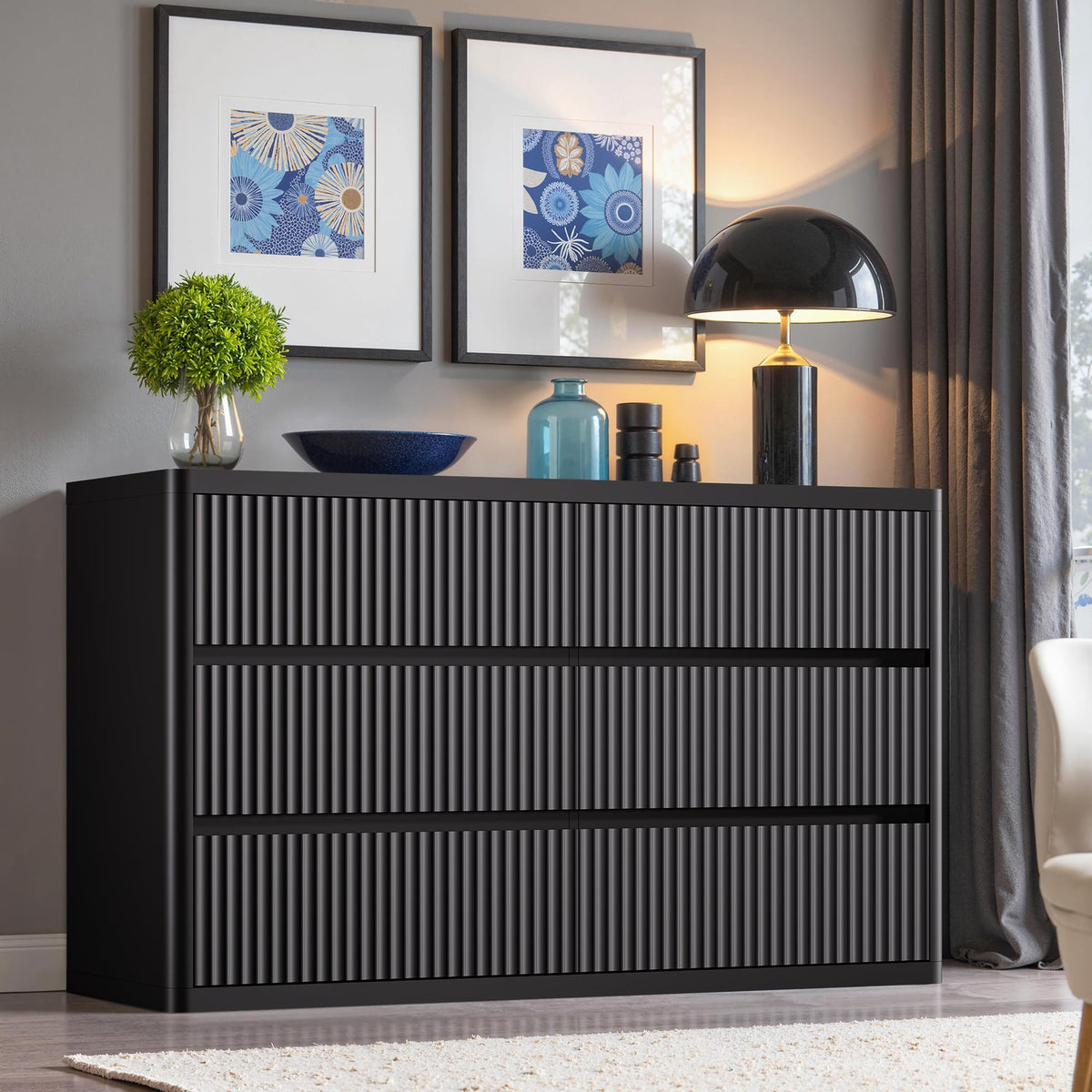 Black 6 Drawers Double Dresser