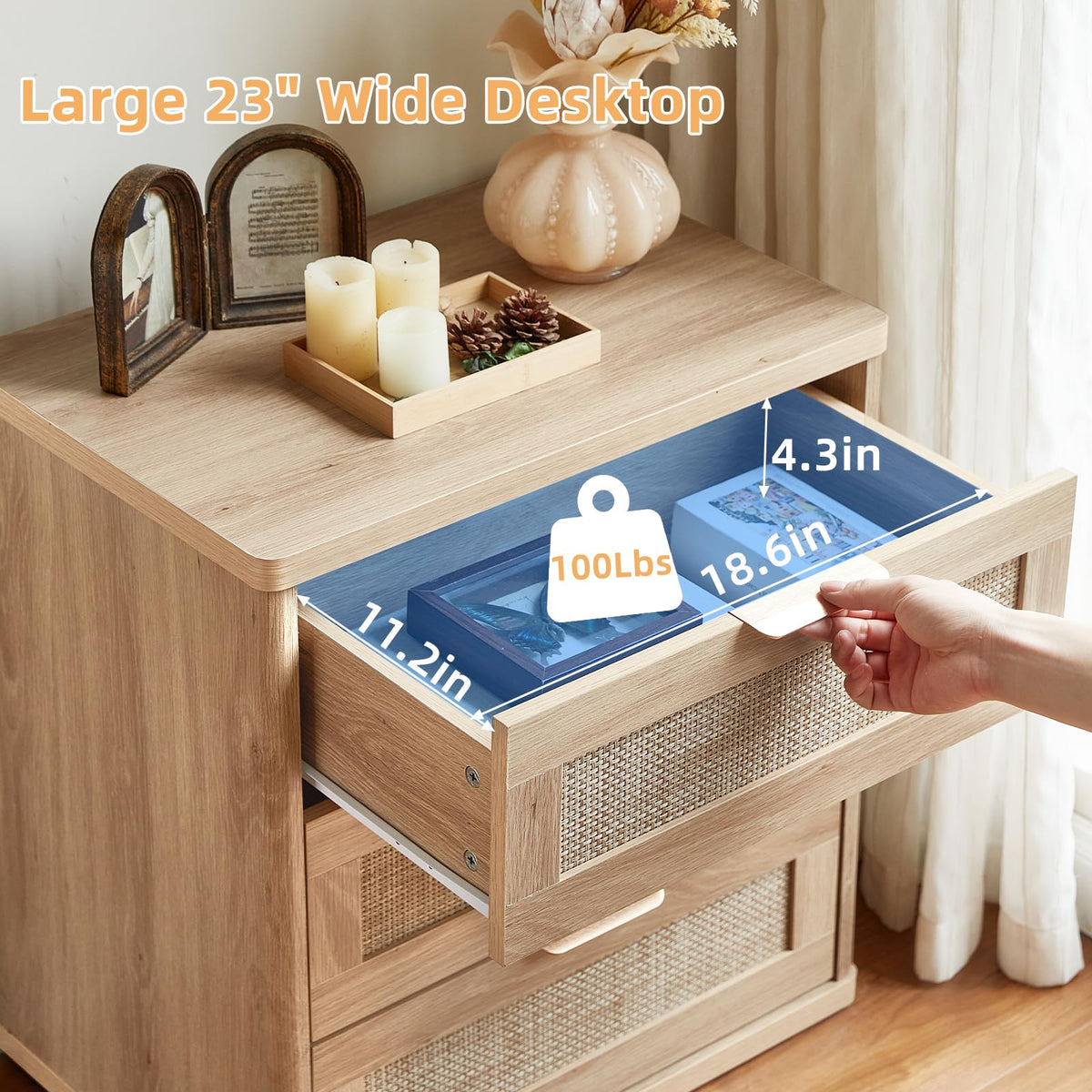 Rattan 23" Nightstands with Drawers for Bedroom