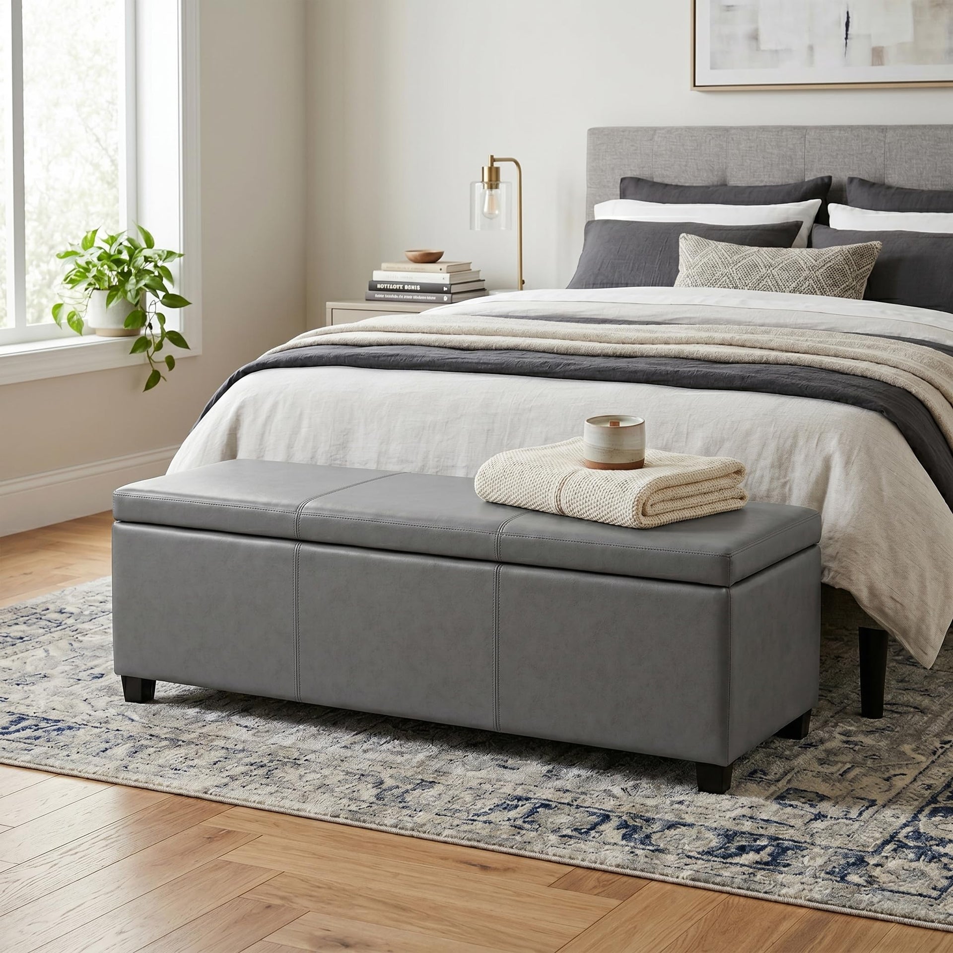 Avalon 48" Wide Vegan Leather Storage Ottoman in Stone Grey