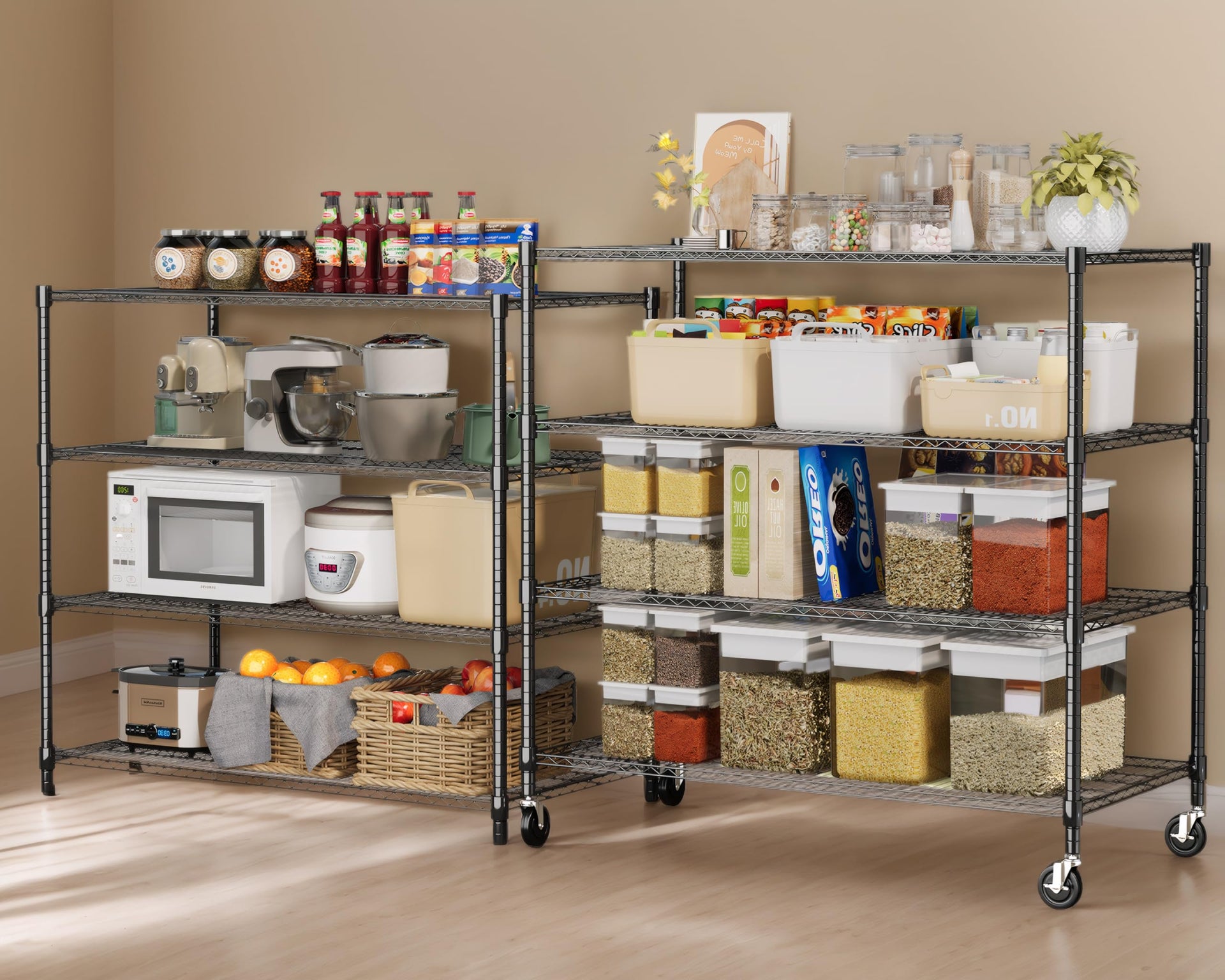 4 Tier Wire Shelving with Wheels Heavy Duty Height Adjustable Metal Shelves for Storage