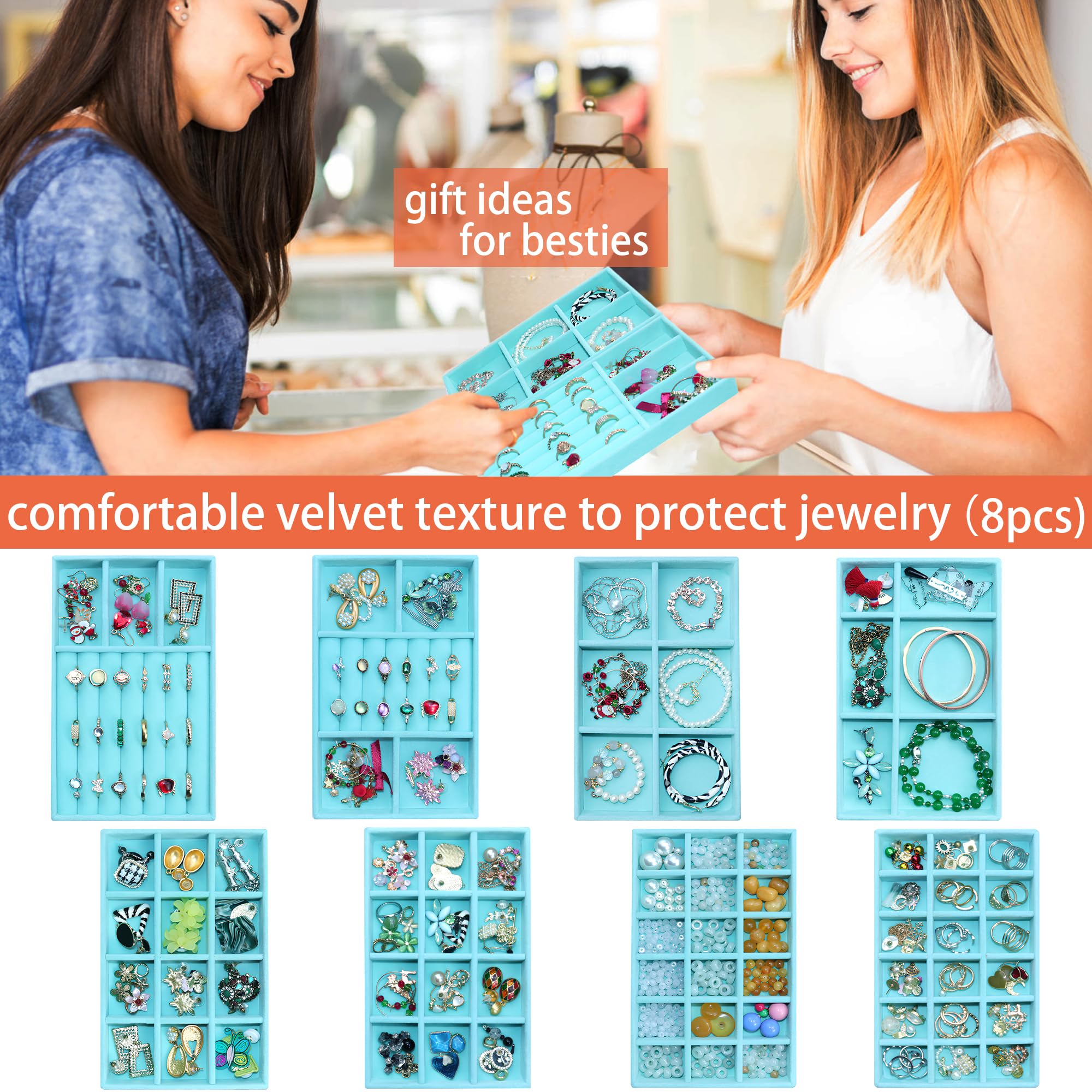 8 Pcs Velvet Jewelry Tray Stackable Jewelry Drawers Organizer Trays Rings Earrings Bracelet Organizer (8 Count)