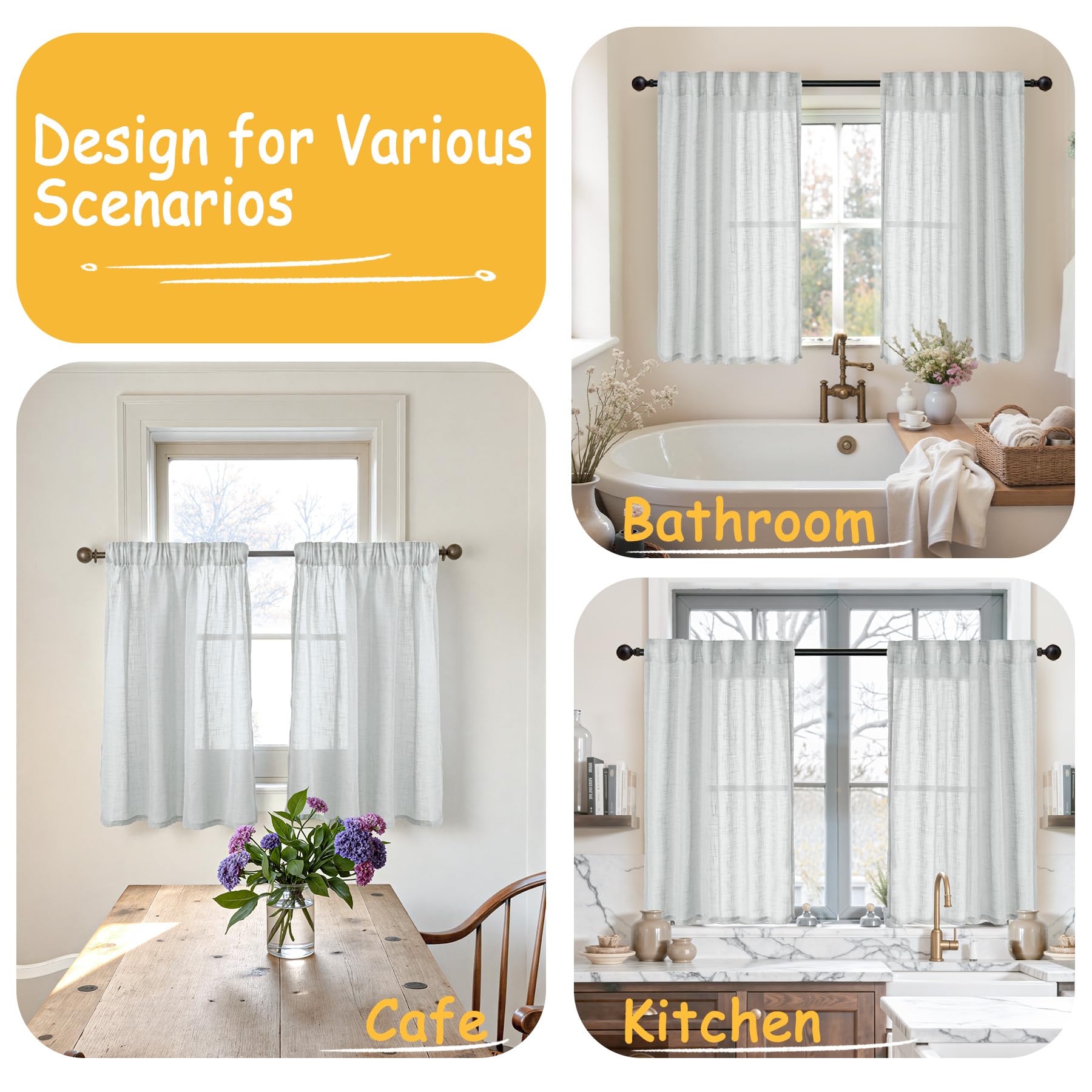 Grey Linen Semi Sheer Curtains 42 X 40 Inch Length for Kitchen Window (2 Count)