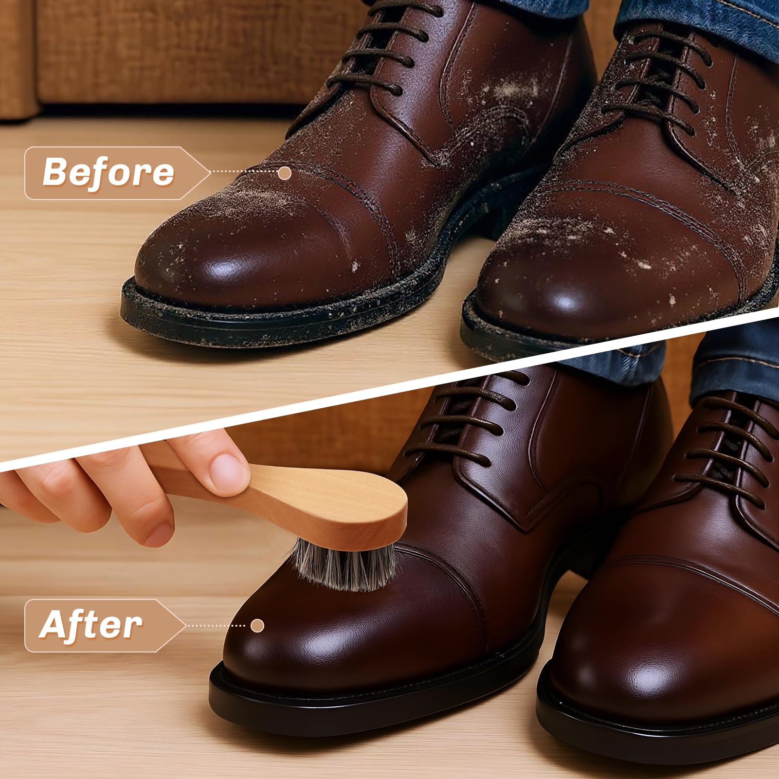 4 Pcs Horsehair Shine Shoes Brush Kit Polish Dauber Applicators Cleaning Leather Shoes Boots Care Brushes Suede Cleaner Brush with Microfiber Shoe Cloth