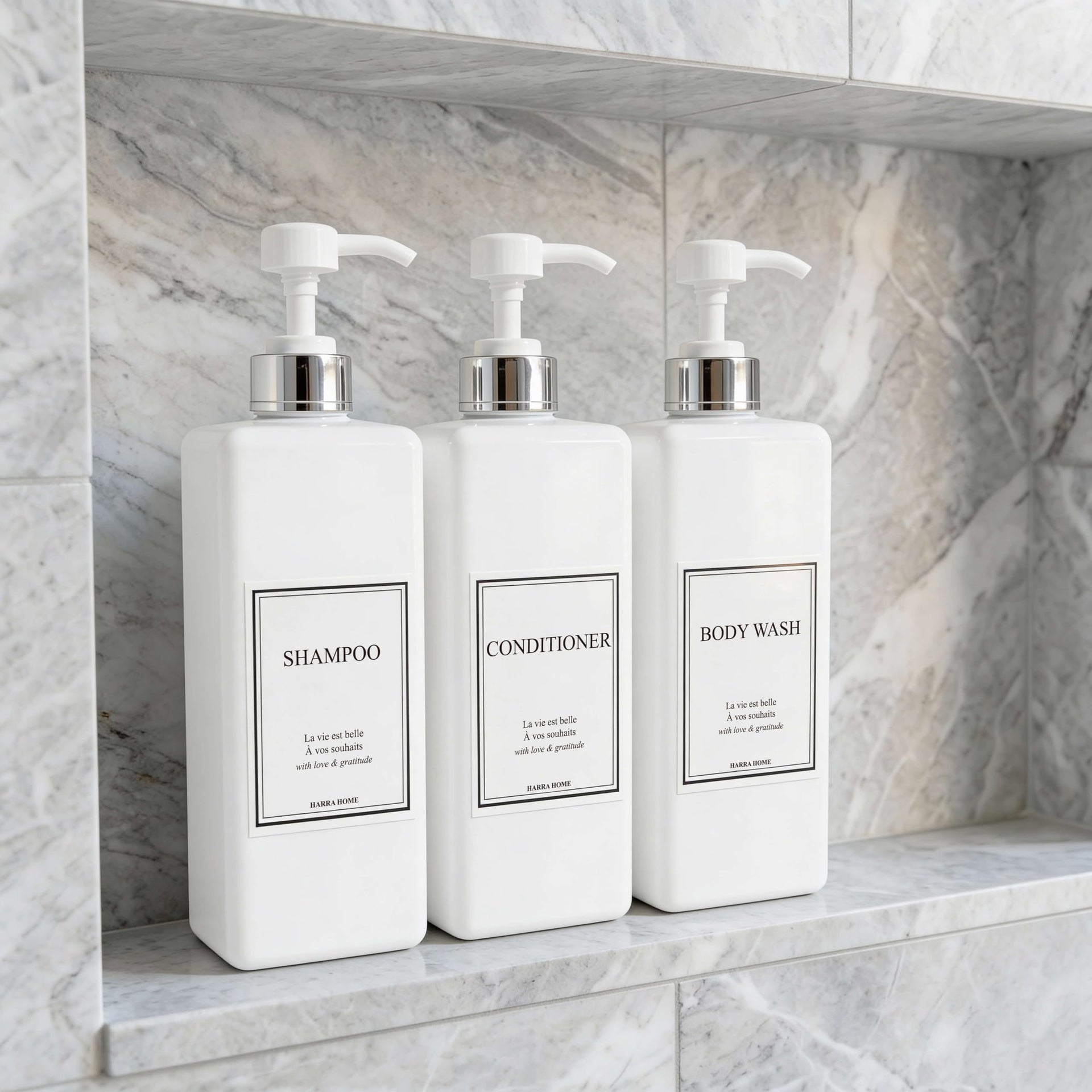 Modern Gold Design Pump Bottle Set 27 oz Refillable Shampoo and Conditioner Dispenser Empty Shower Plastic Bottles with Pump for Bathroom Lotion Body wash (3 Count)