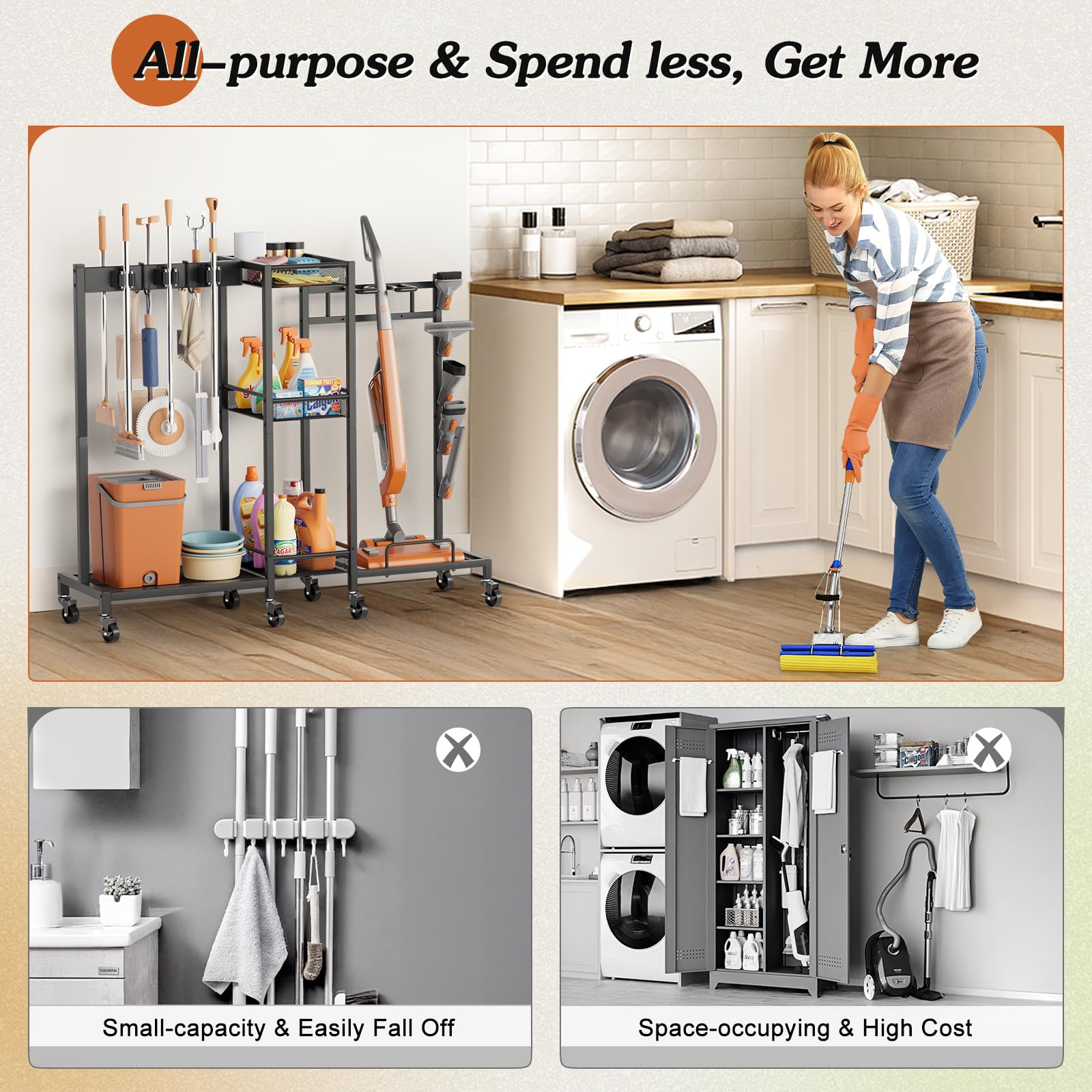 Broom Holder with Cleaning Supplies Organizer