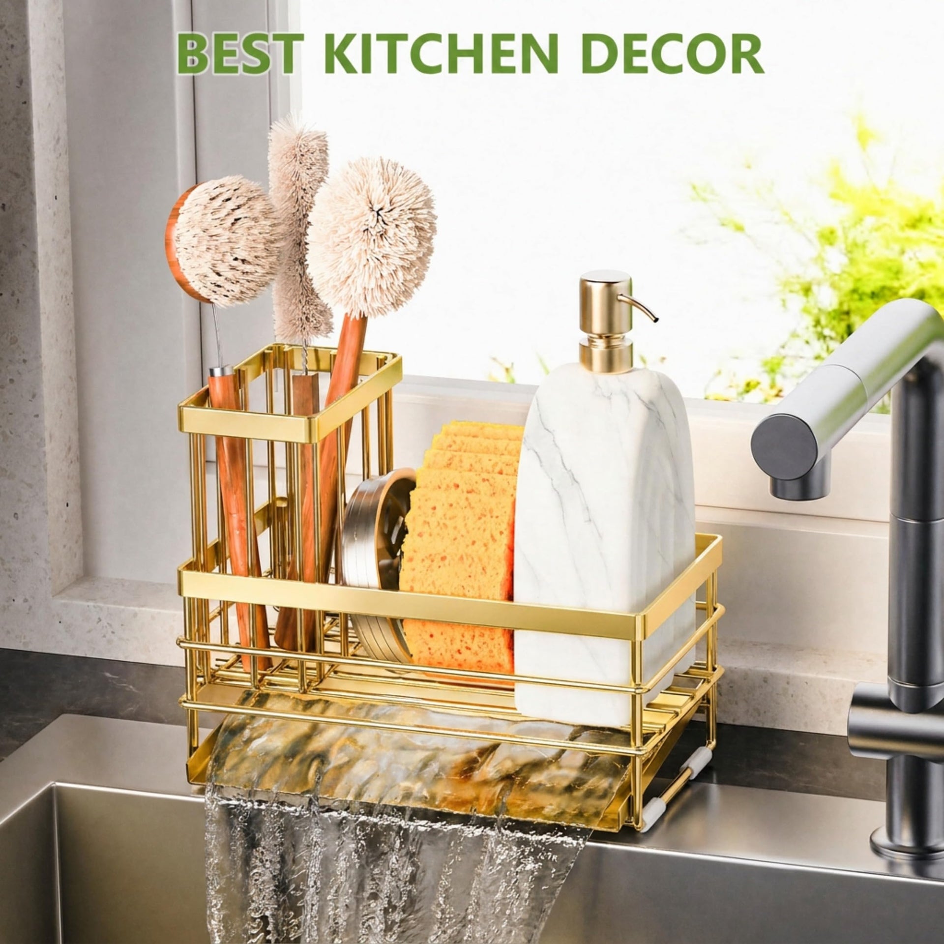 Gold Sink Caddy Sponge Holder for Kitchen with Brush Holder and Stainless Steel Self Drain Tray