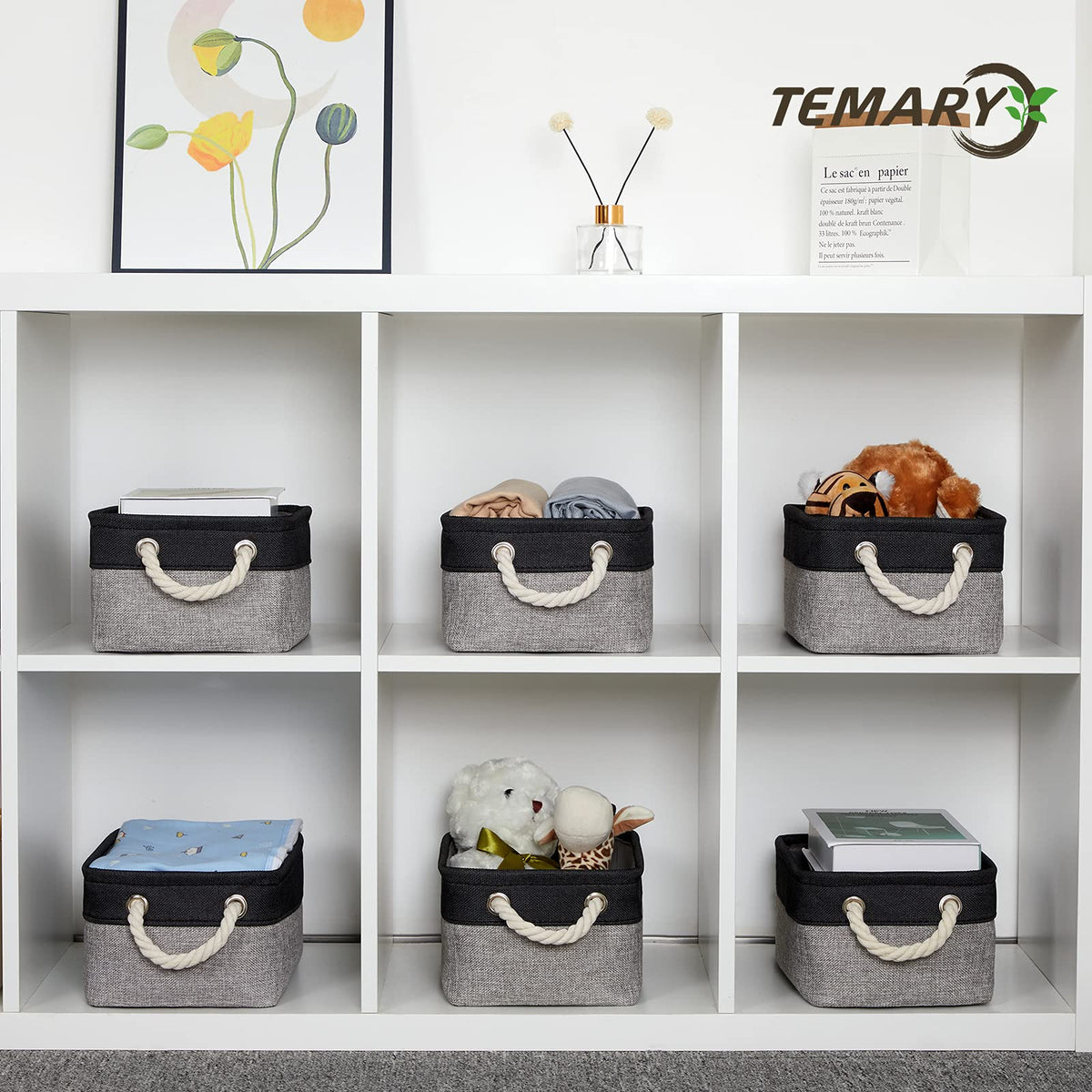 Fabric Storage Baskets 6 Pcs Small Cloth Basket for Shelves Collapsible Decorative Storage Organizer Small Canvas Storage Bins with Handles (6 Count)