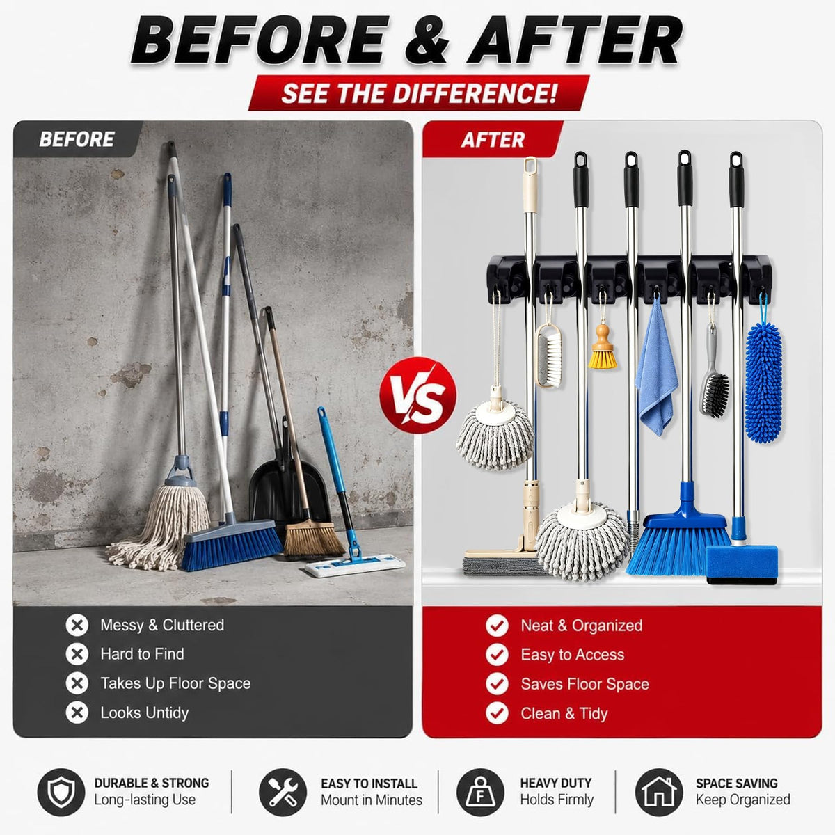 Broom Hanger Wall Mount Broom and Mop Organizer Wall Hanging Garden Tool Organizers Rack Garage Laundry Room Organizations and Storage with Hooks Heavy Duty