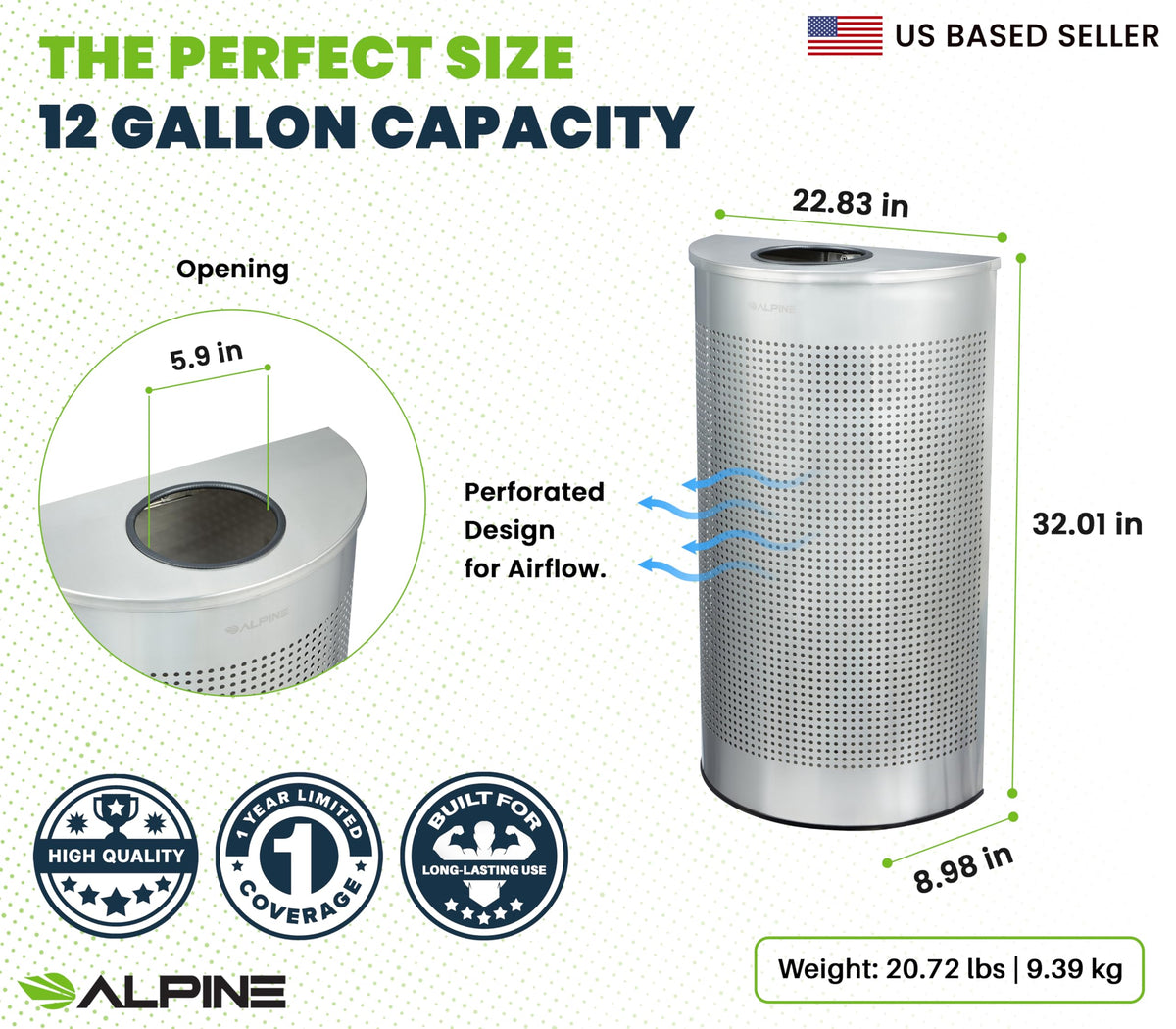 12 Gallon Half Round Stainless Steel Commercial Trash Can Open Top