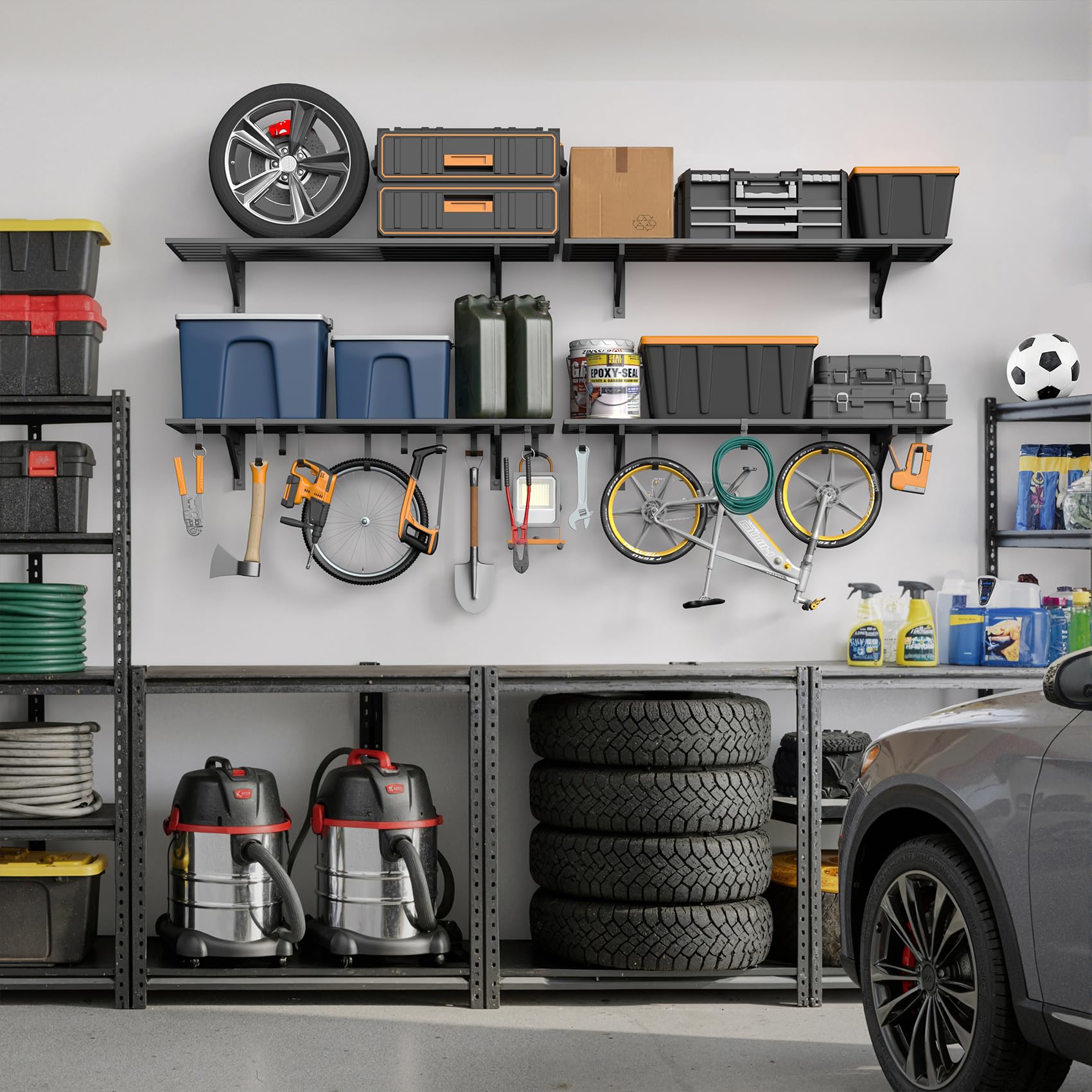 4 Pack Garage Shelving Wall Mounted with 16 Hooks (4 Count)