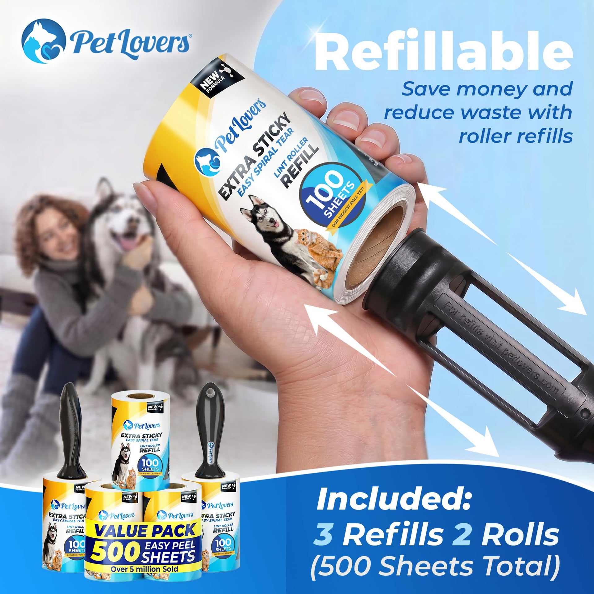 Extra Sticky Lint Roller Mega Value Set 500 Sheets for Pet Hair Removal and Clothes