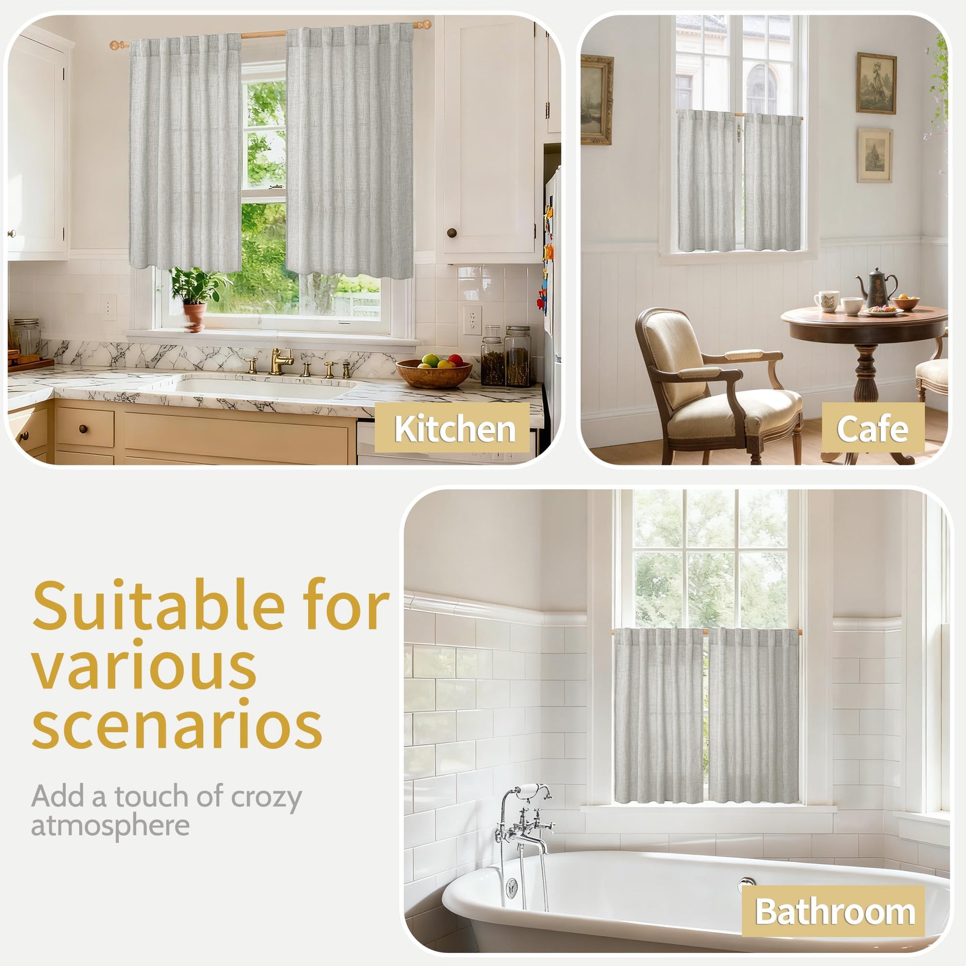 Light Grey Linen Semi Sheer Curtains 40 Inches Long for Kitchen Window (2 Count)