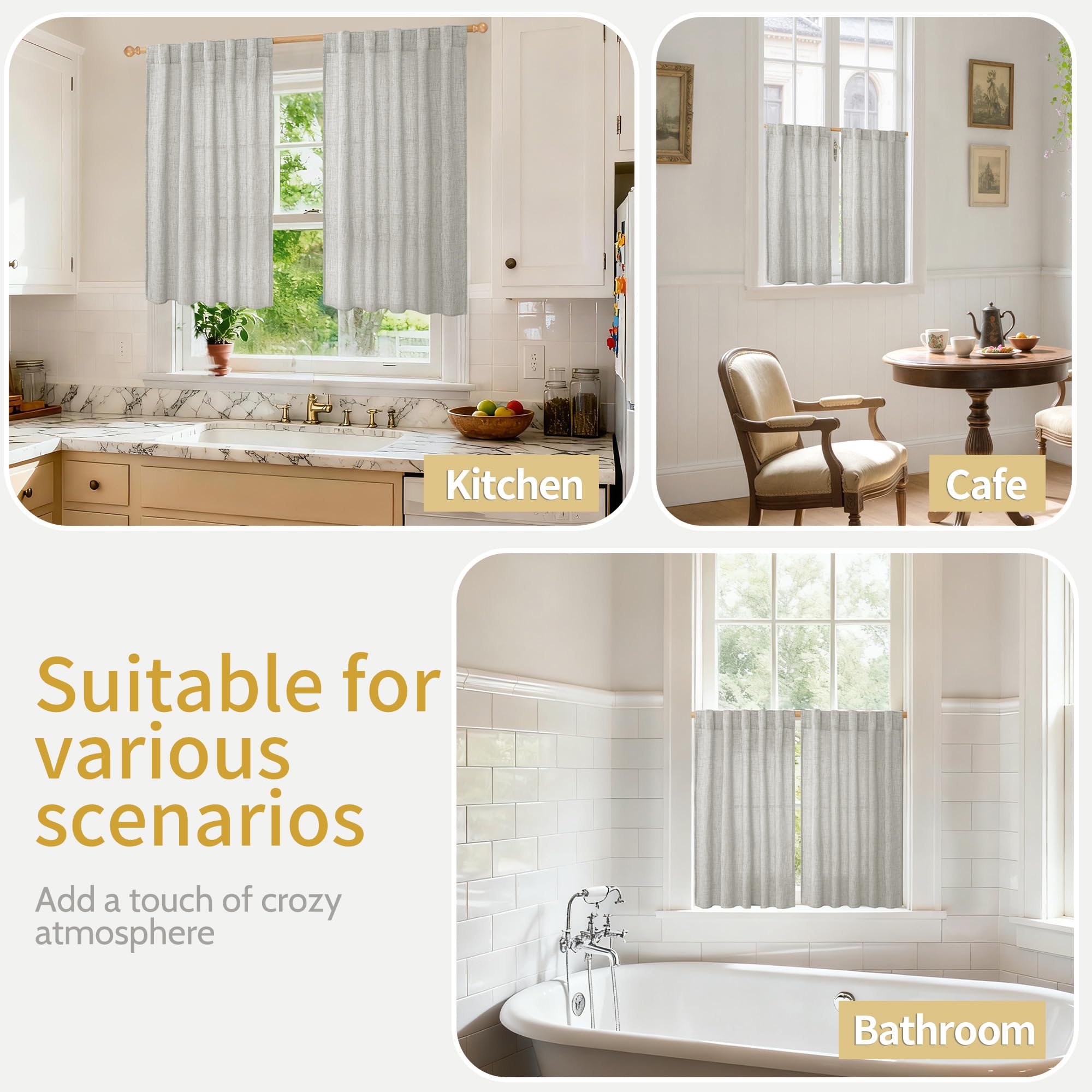 Light Grey Linen Semi Sheer Curtains 40 Inches Long for Kitchen Window (2 Count)