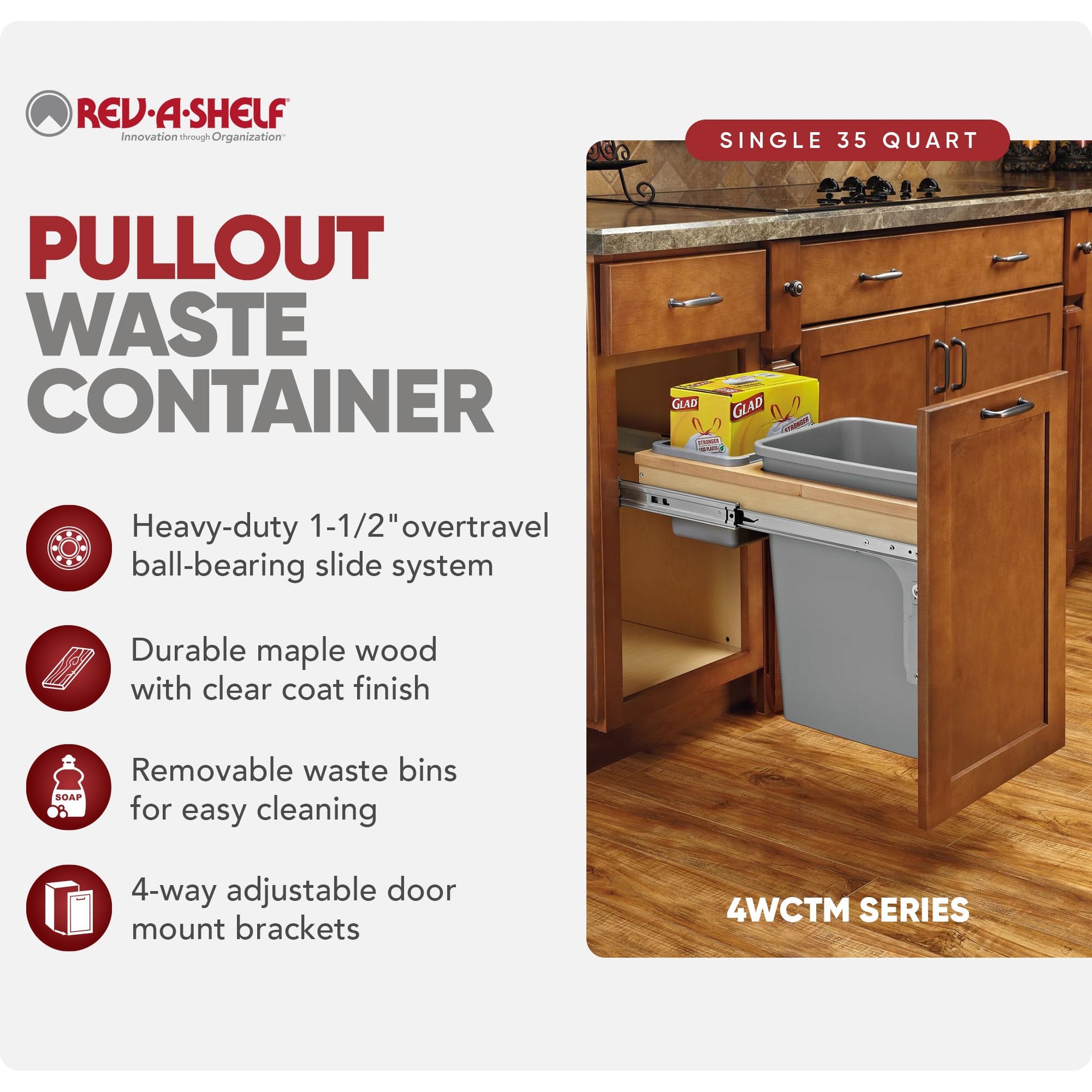 35 Qt Top Mount Single Pullout Under Cabinet Kitchen Trash Cans w