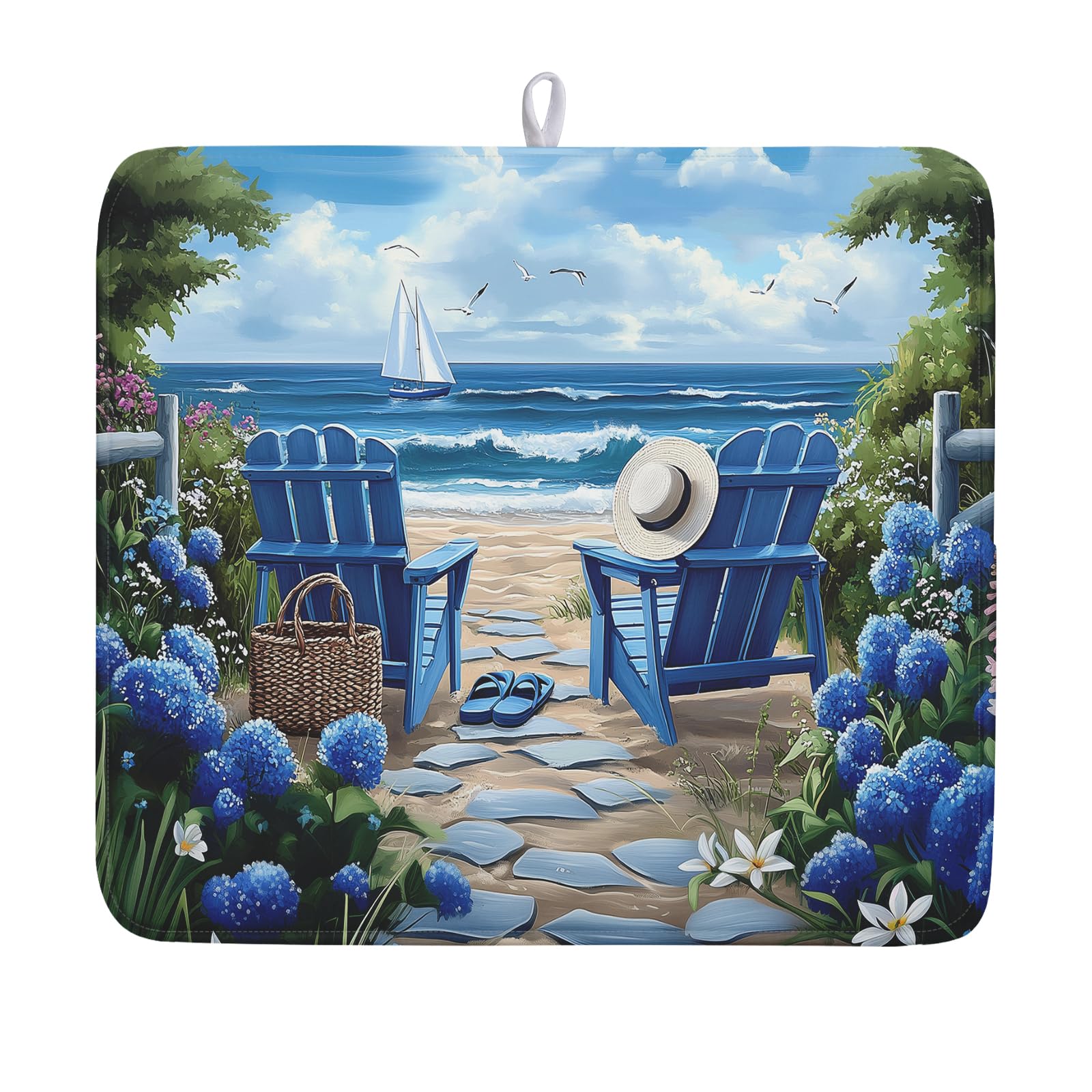 Summer Beach Chairs Dish Drying Mat Sea Wave Blue Floral Drying Mat fo Kitchen Counter 16”x18” Absorbent Reversible Kitchen Mat Non