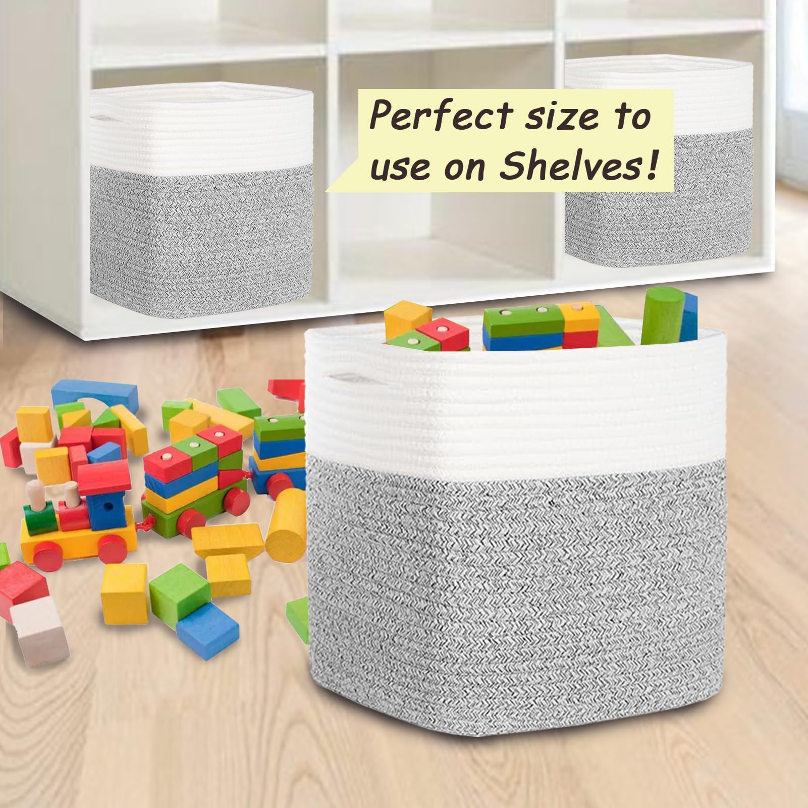 3PACK Cotton Rope Square Basket with Handles for Shelves