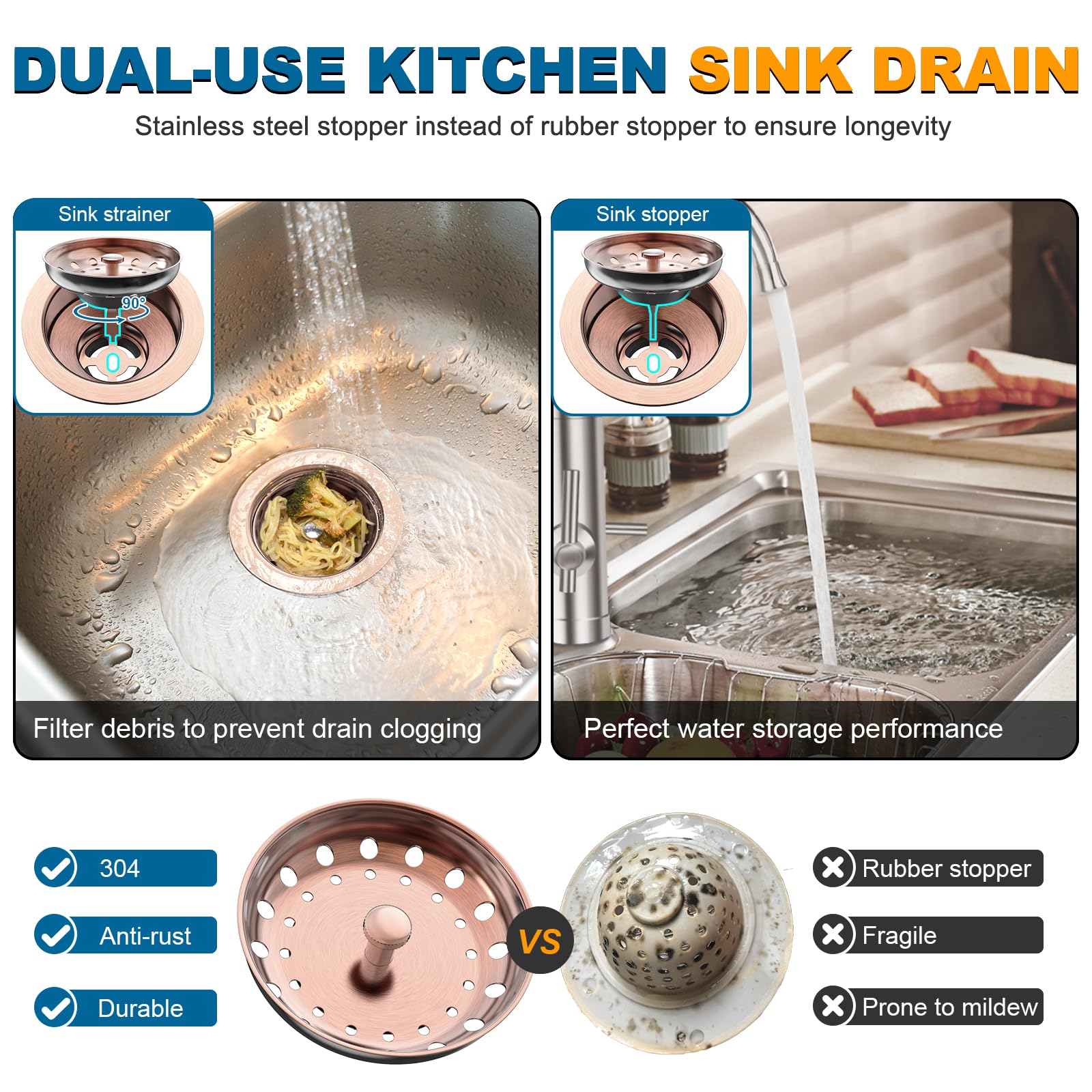 Stainless Steel Copper Sink Drain Strainer Kit 3