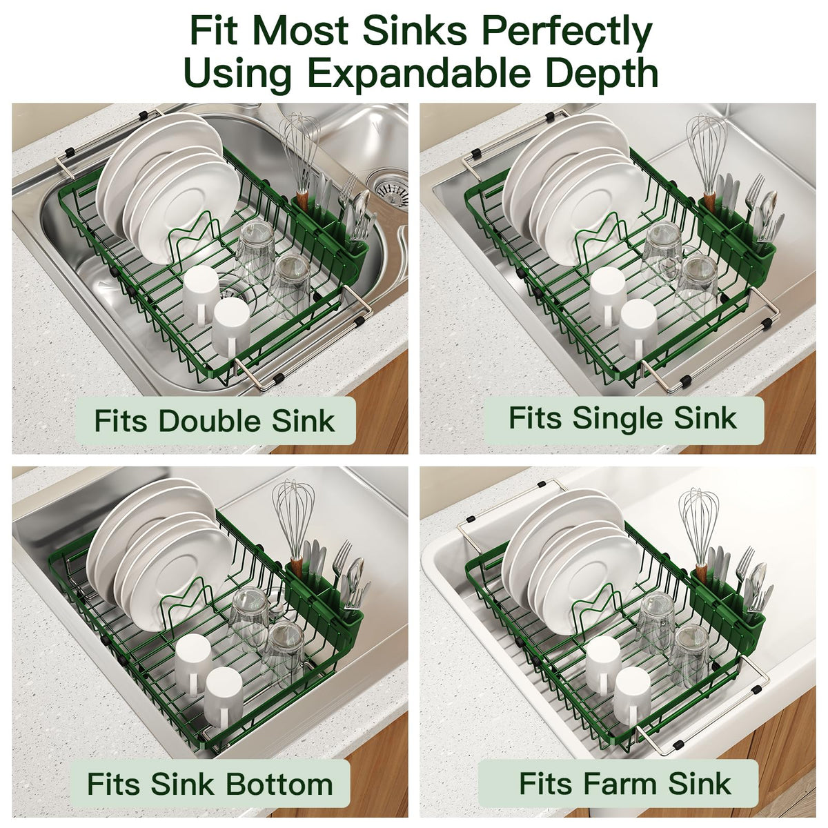 Green Dish Drying Rack Over The Sink with Utensil Holder