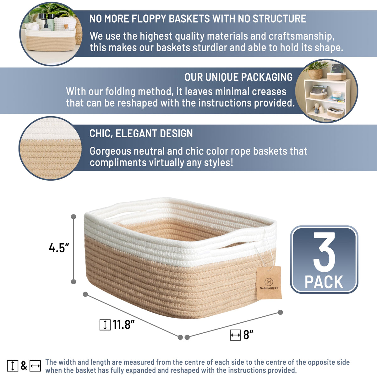 11.8"x8"x4.5” Storage Baskets for Shelves 3 Pack (3 Count)