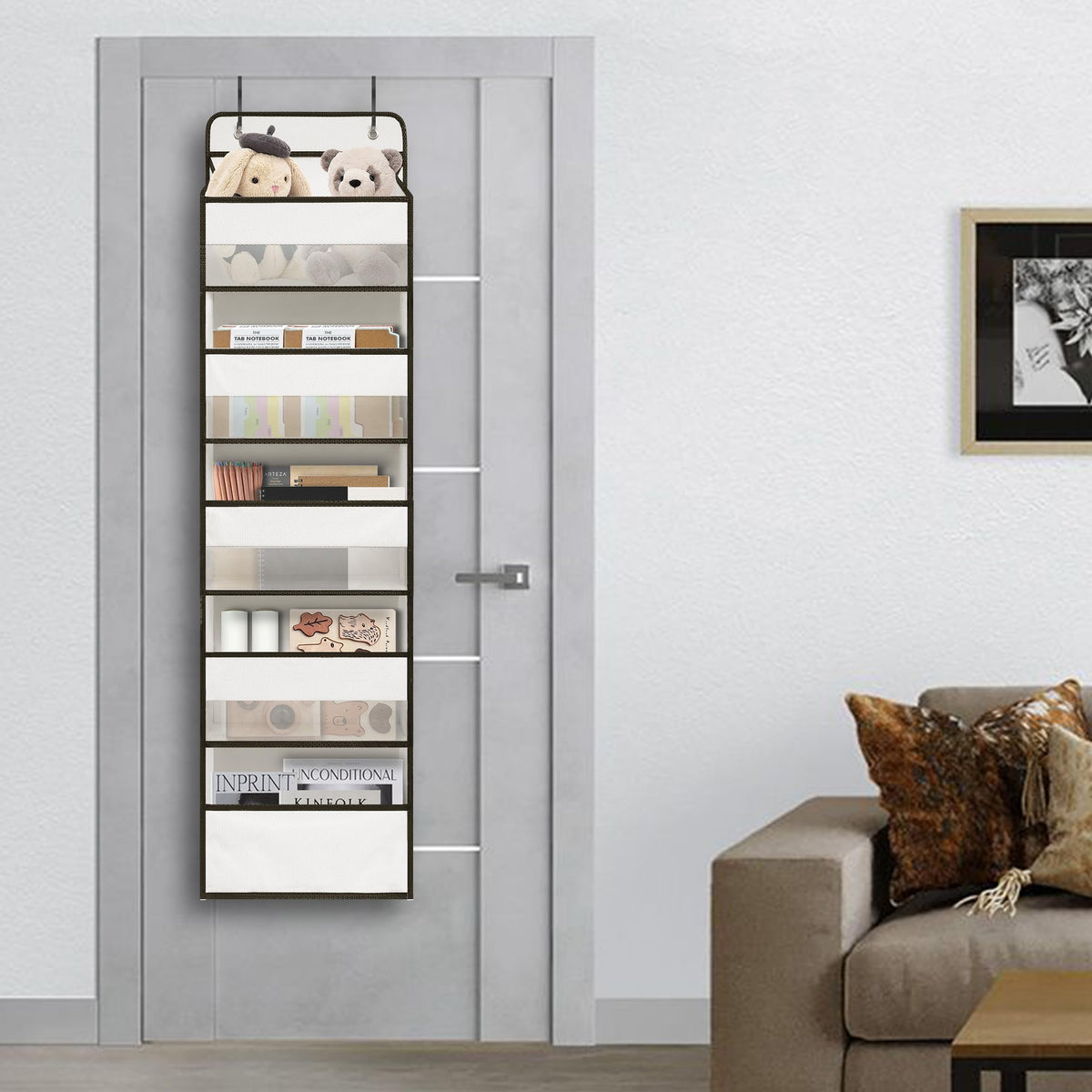 White Over Door Organizer with 5 Large Clear Pockets and 6 Side Mesh Pockets