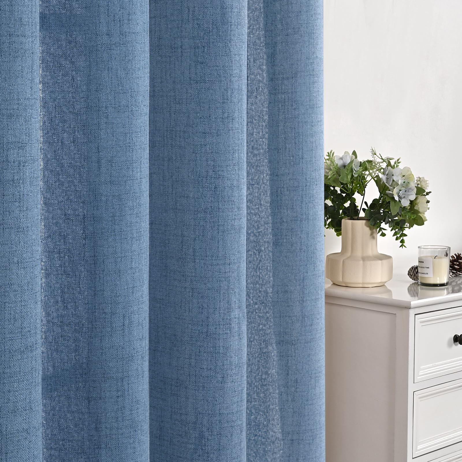 Light Blue Linen Semi Sheer Curtains 84 Inch Long for Living Room (2 Count)