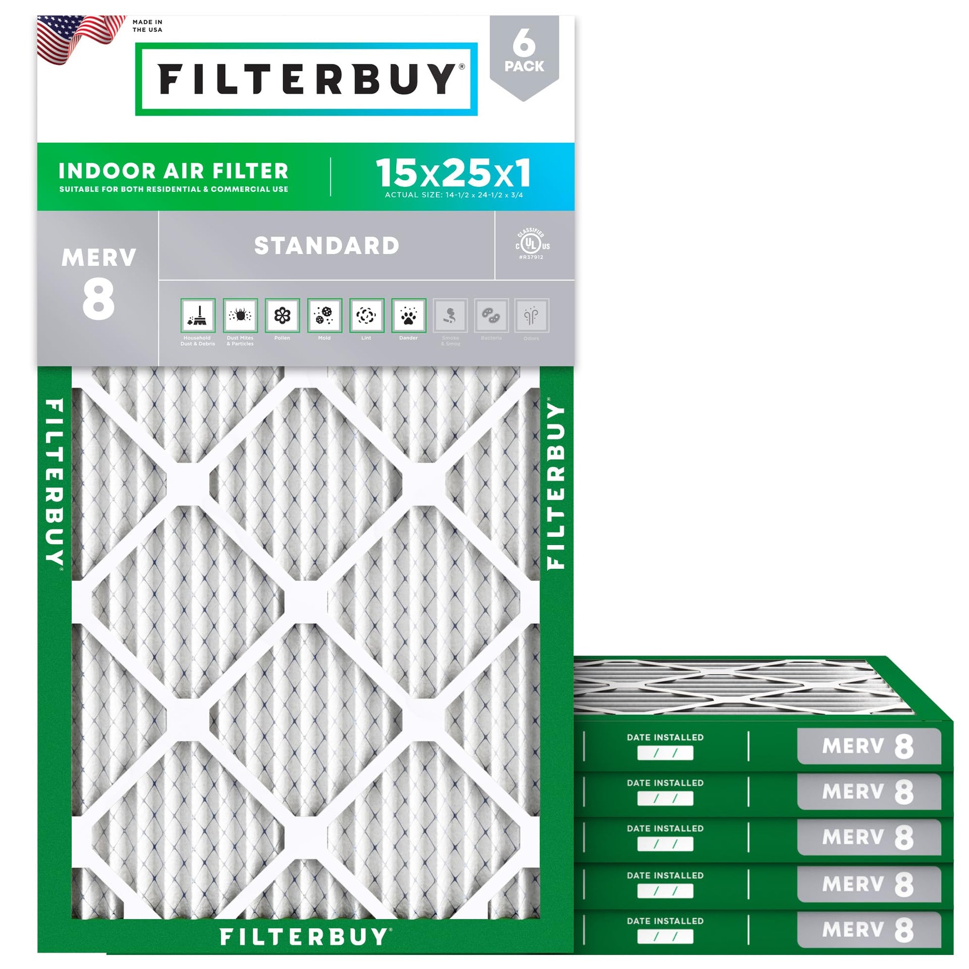 15x25x1 Air Filter MERV 8 Dust & Allergy Defense (6 Count)
