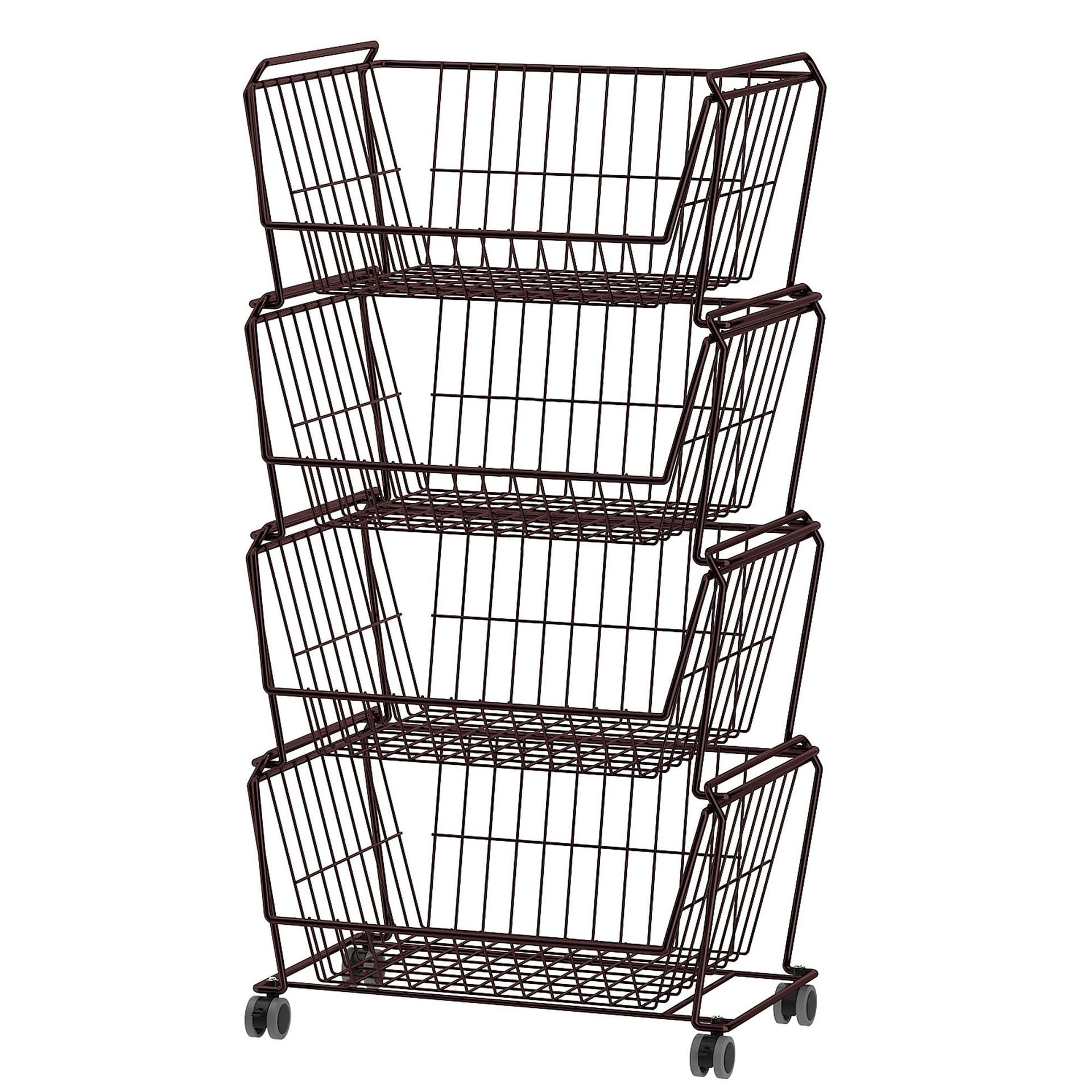 4 Tier Large Stackable Wire Storage Baskets with Wheels