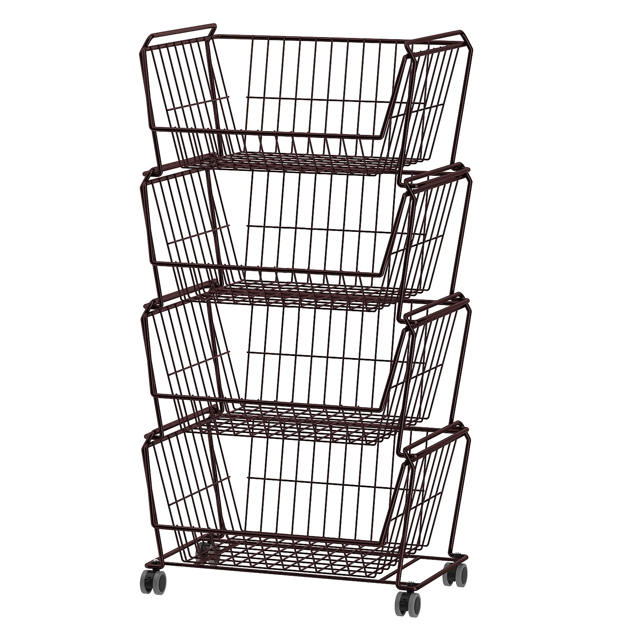 4 Tier Large Stackable Wire Storage Baskets with Wheels