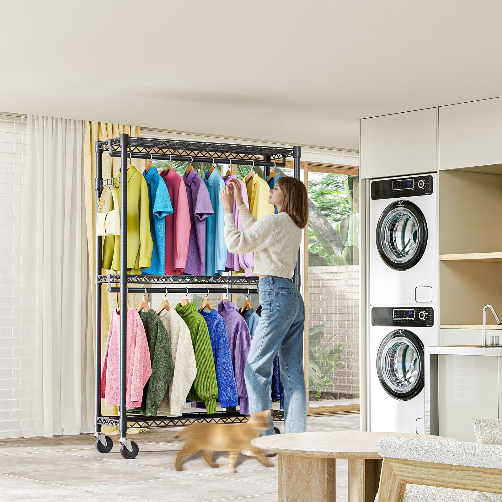 Heavy Duty Rolling Garment Rack 3 Tiers Adjustable Wire Shelving Clothes Rack with 2 Rods and Side Hooks