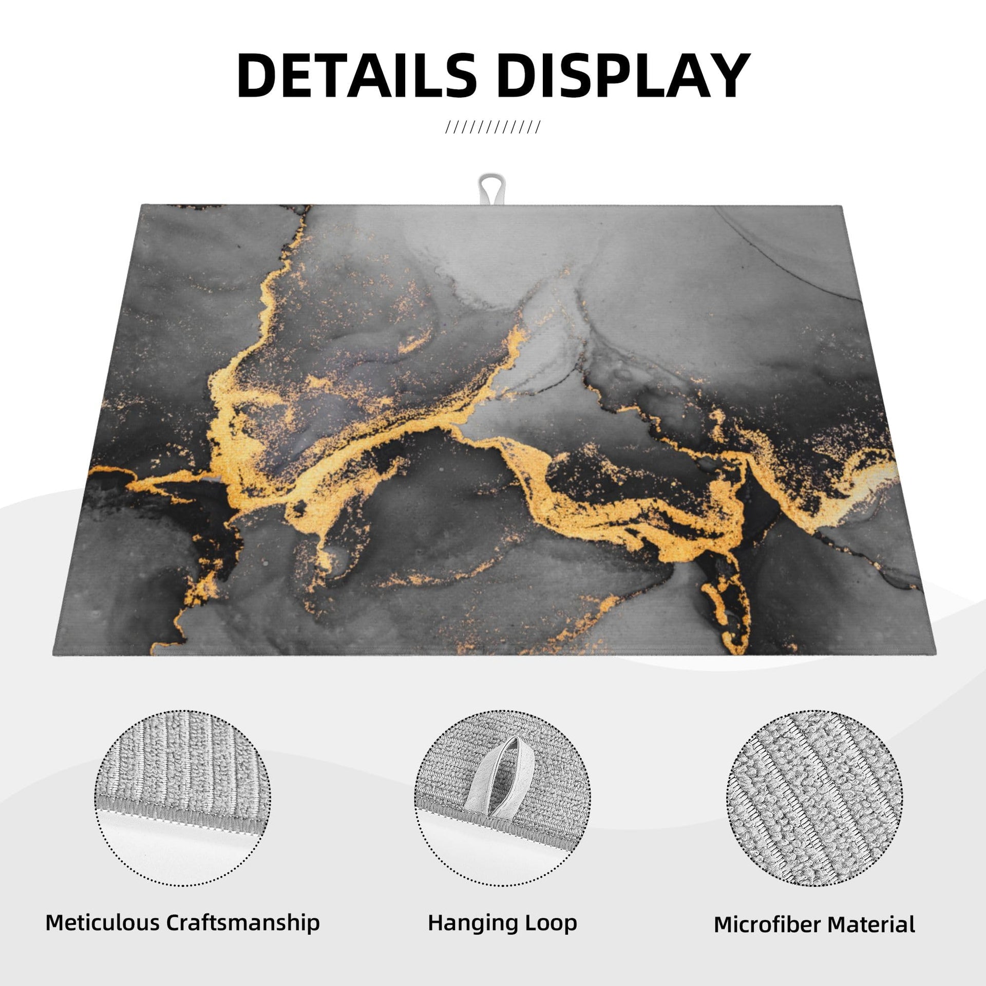 Black Gray Gold Marble Kitchen Drying Mat Abstract Modern 18x24 Inch