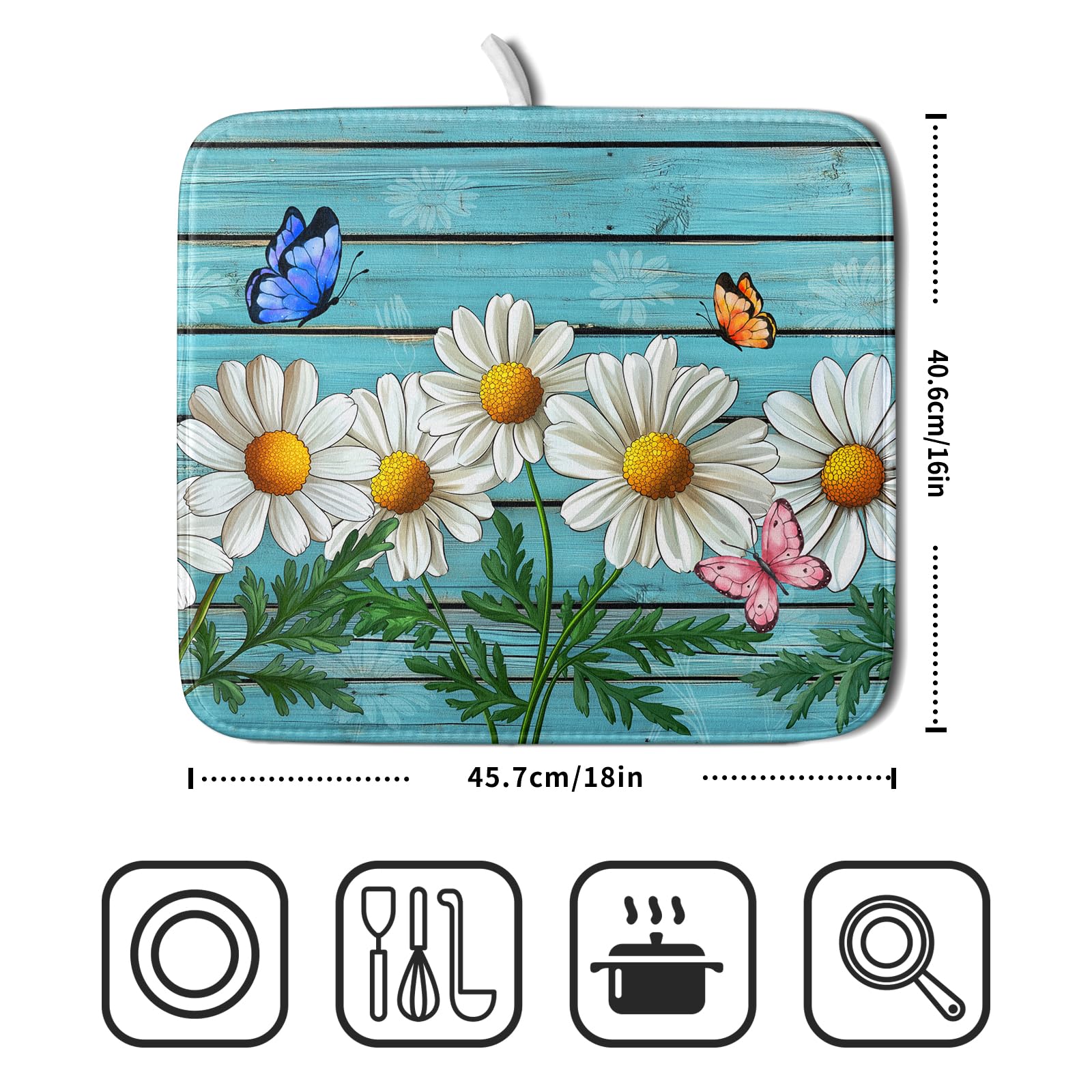 Daisy Dish Drying Mat for Kitchen Counter 16x18in Turquoise Daisy Old Wooden Board Kitchen Mat Absorbent Reversible Microfiber Dishes Pad Fast Drying Dish Drainer Mats for Countertop
