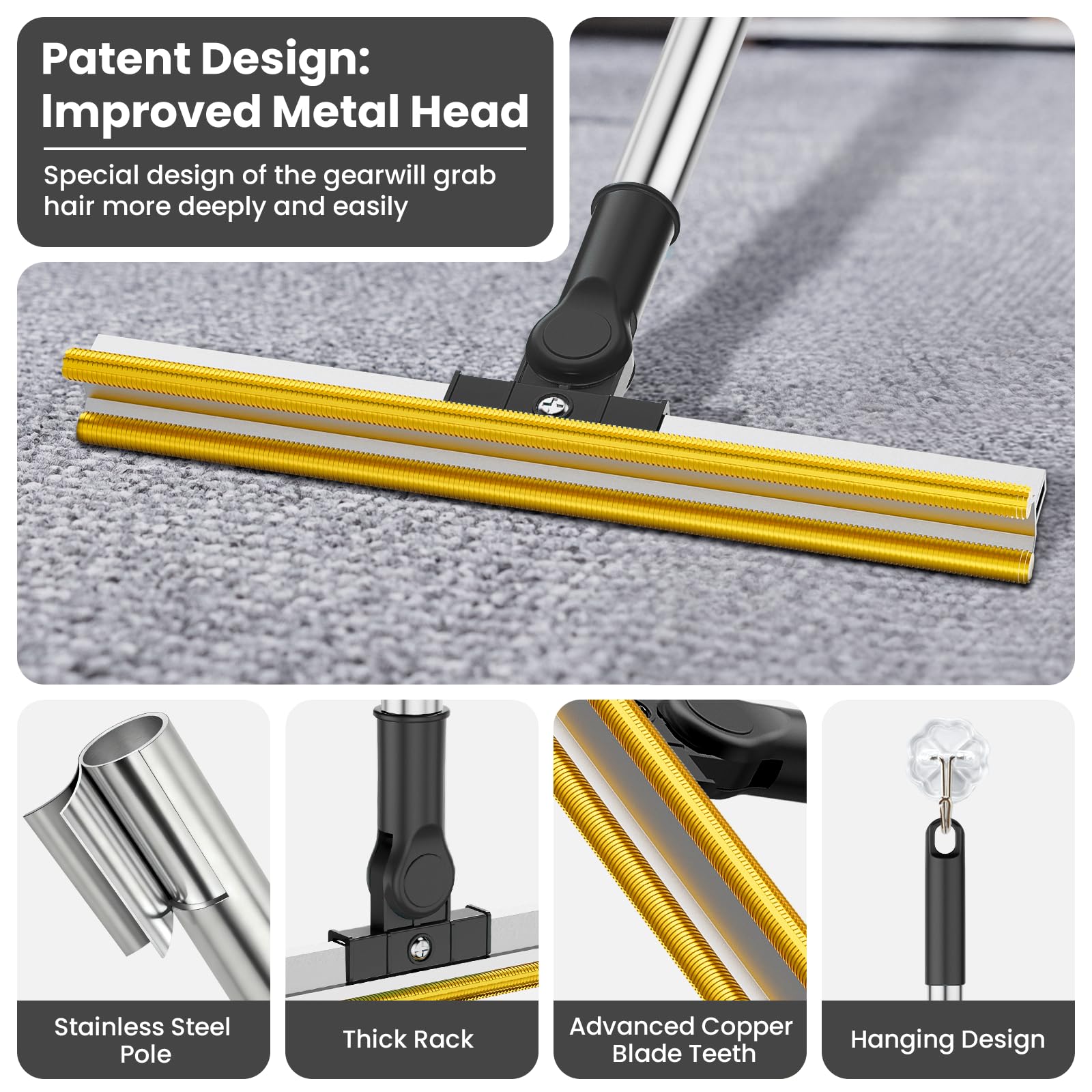 3 in 1 Carpet Rake for Pet Hair Removal