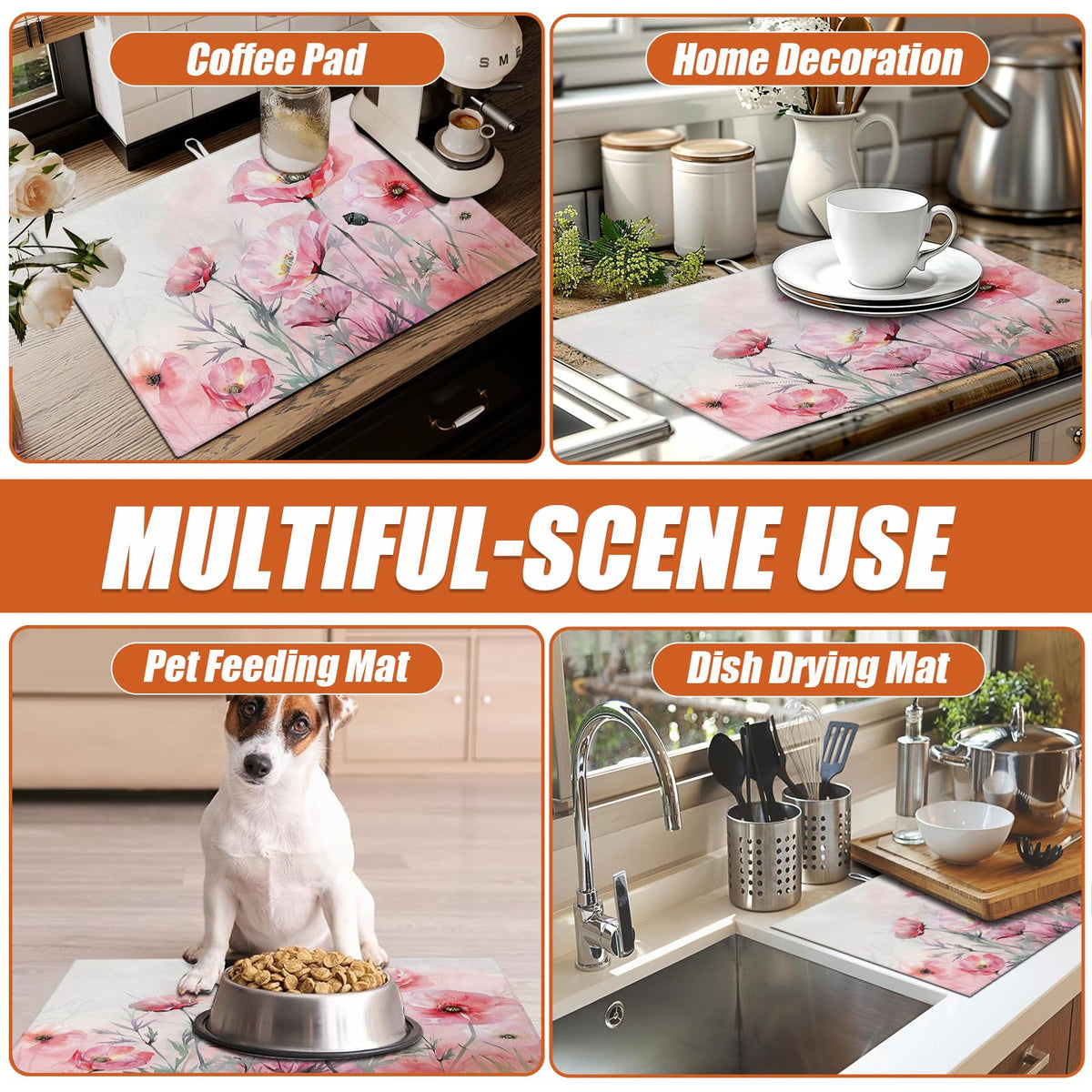 Pink Poppy Flower Dish Drying Mat for Kitchen Counter Microfiber Absorbent Dish Kitchen Drying Mat Draining Reusable Washable for Dishes