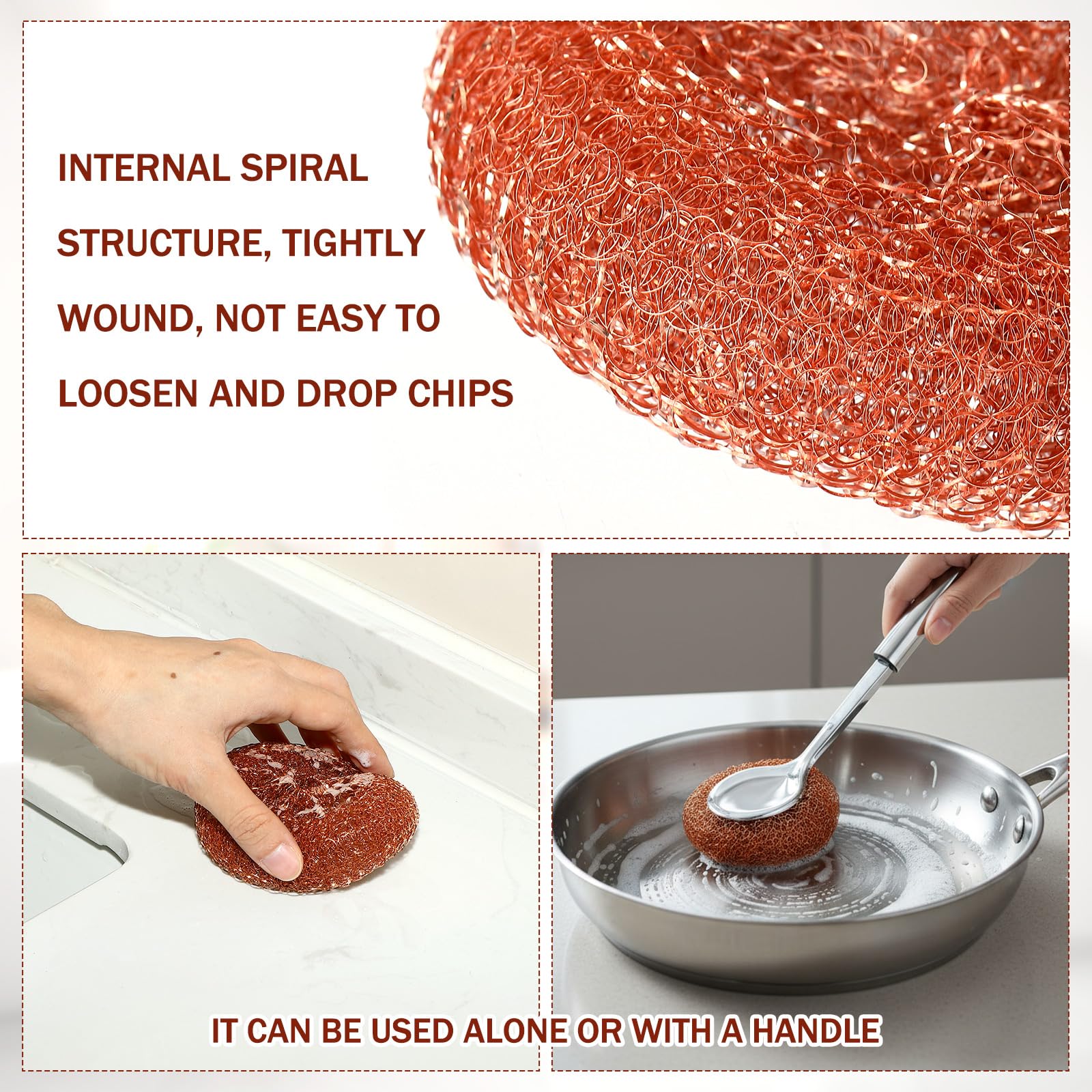 5 Pcs Copper Coated Scourers Copper Scrubbing Pads Scouring Pads 1 PC Steel Wool Scrubber Dish Brush Set with Handle Deep Cleaning Scrubber Silver for Kitchen Cleaning Dishes Pots Pans (6 Count)