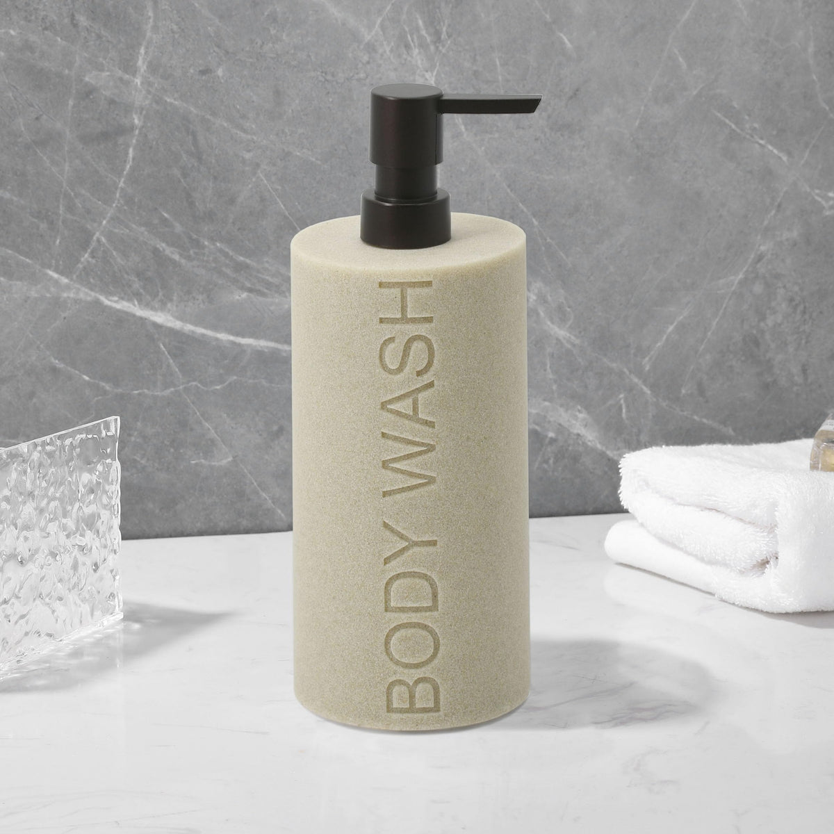 Resin Tan Sandstone Body Wash Engraved Bottle Refillable Pump Dispenser