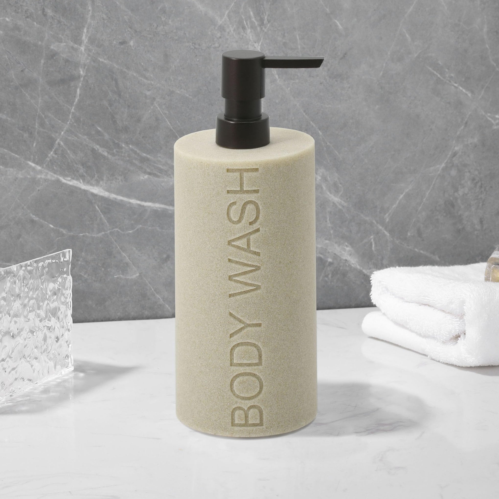 Resin Tan Sandstone Body Wash Engraved Bottle Refillable Pump Dispenser
