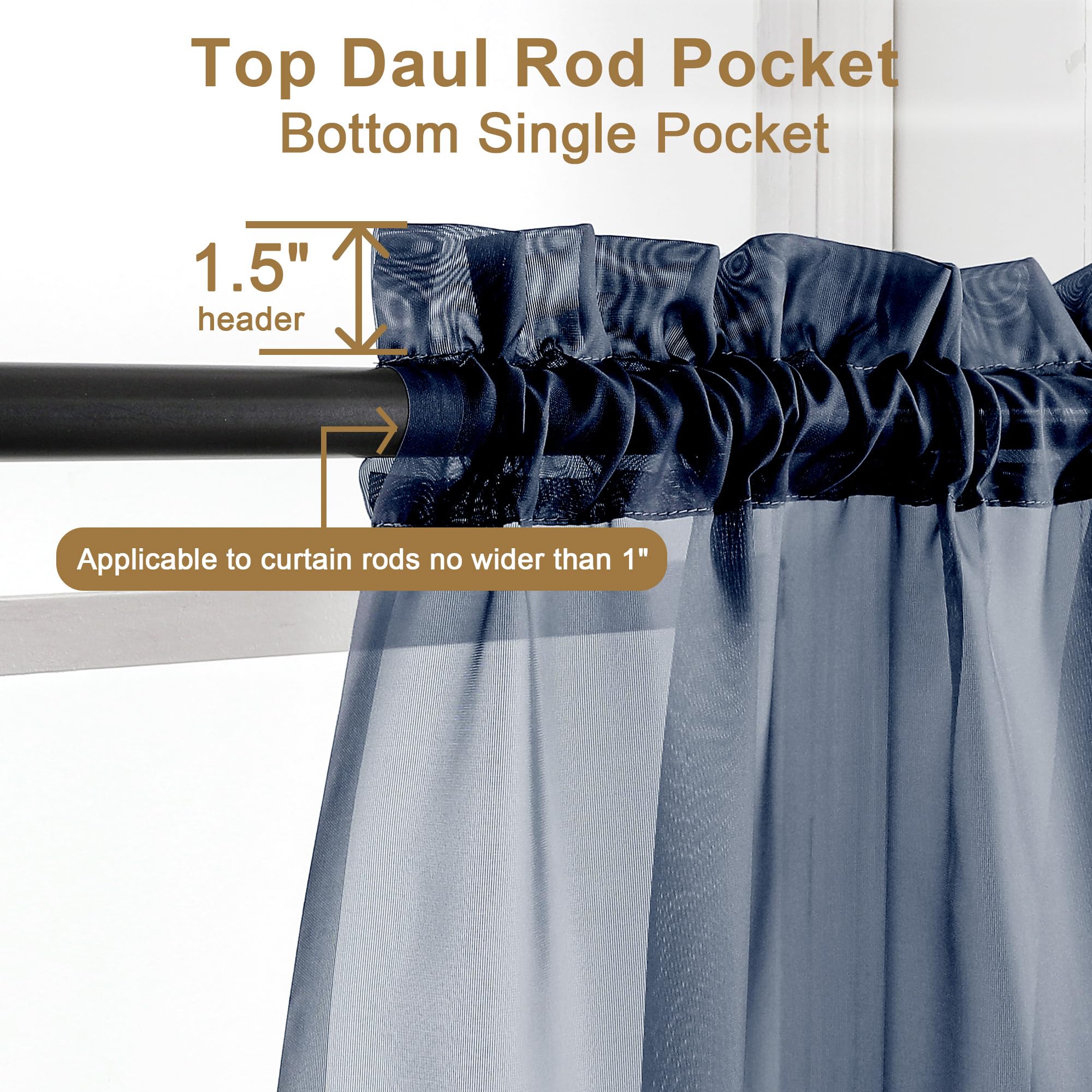 Navy Blue Sheer Curtains 30 inch Length 2 Panels (2 Count)