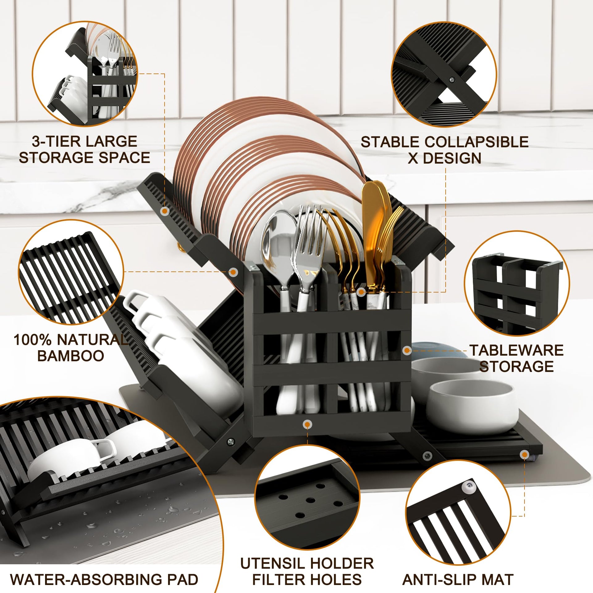 Black Bamboo Dish Drying Rack with Utensil Holder